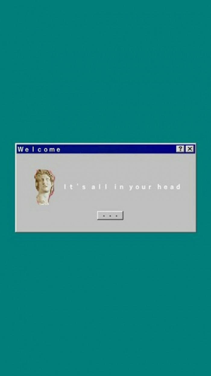 Windows 98 桌布 壁紙 — 一個復古電腦視窗，內有古典半身像及文字 it's all in your head，背景為青綠色。
