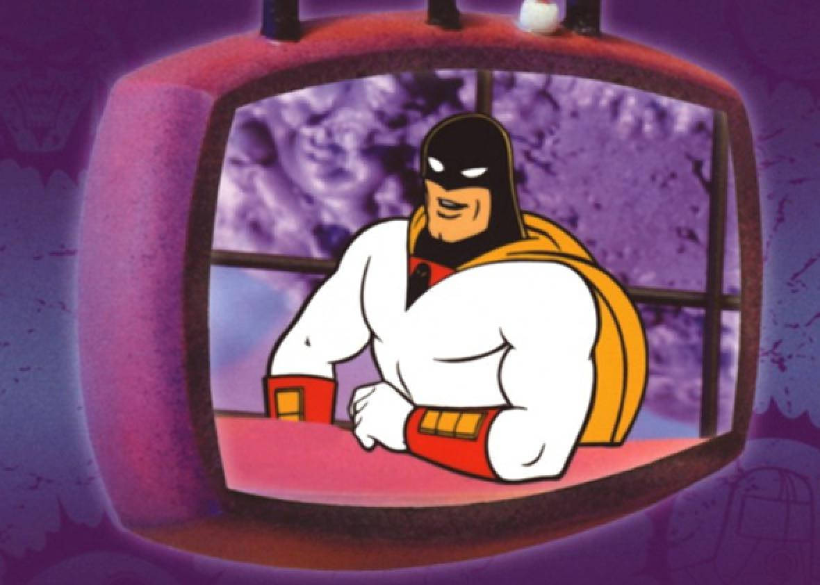 Space Ghost 桌布 壁紙 — 一個復古電視螢幕顯示一個肌肉發達的動畫超級英雄，戴著黑色面具、黃色斗篷和紅色手套，背景為紫色。