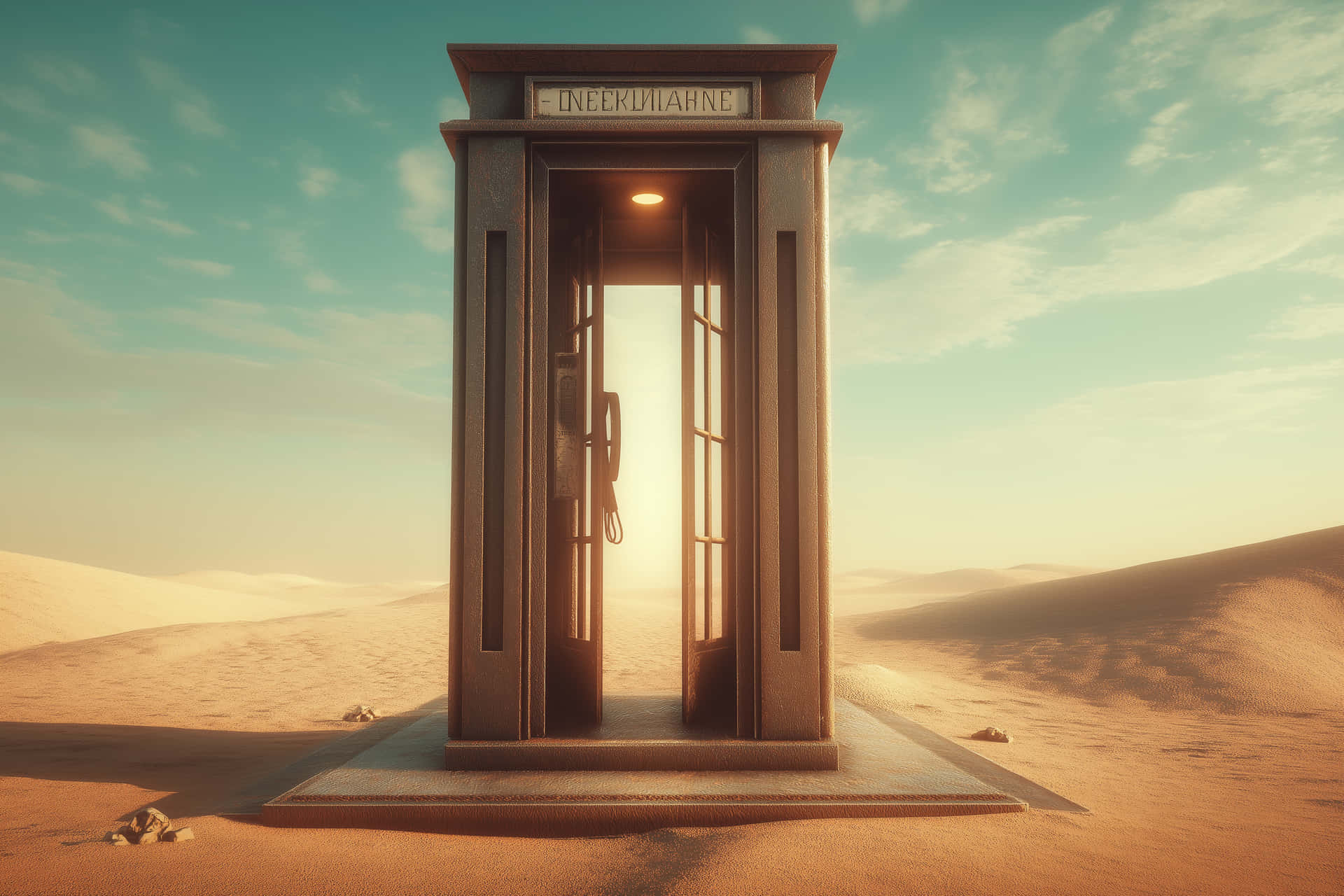 Desert Phone Booth: Solitary Call Box in Arid Landscape 壁紙 — 一個復古電話亭在廣闊的沙漠中敞開，溫暖的光線從門口照射進來。