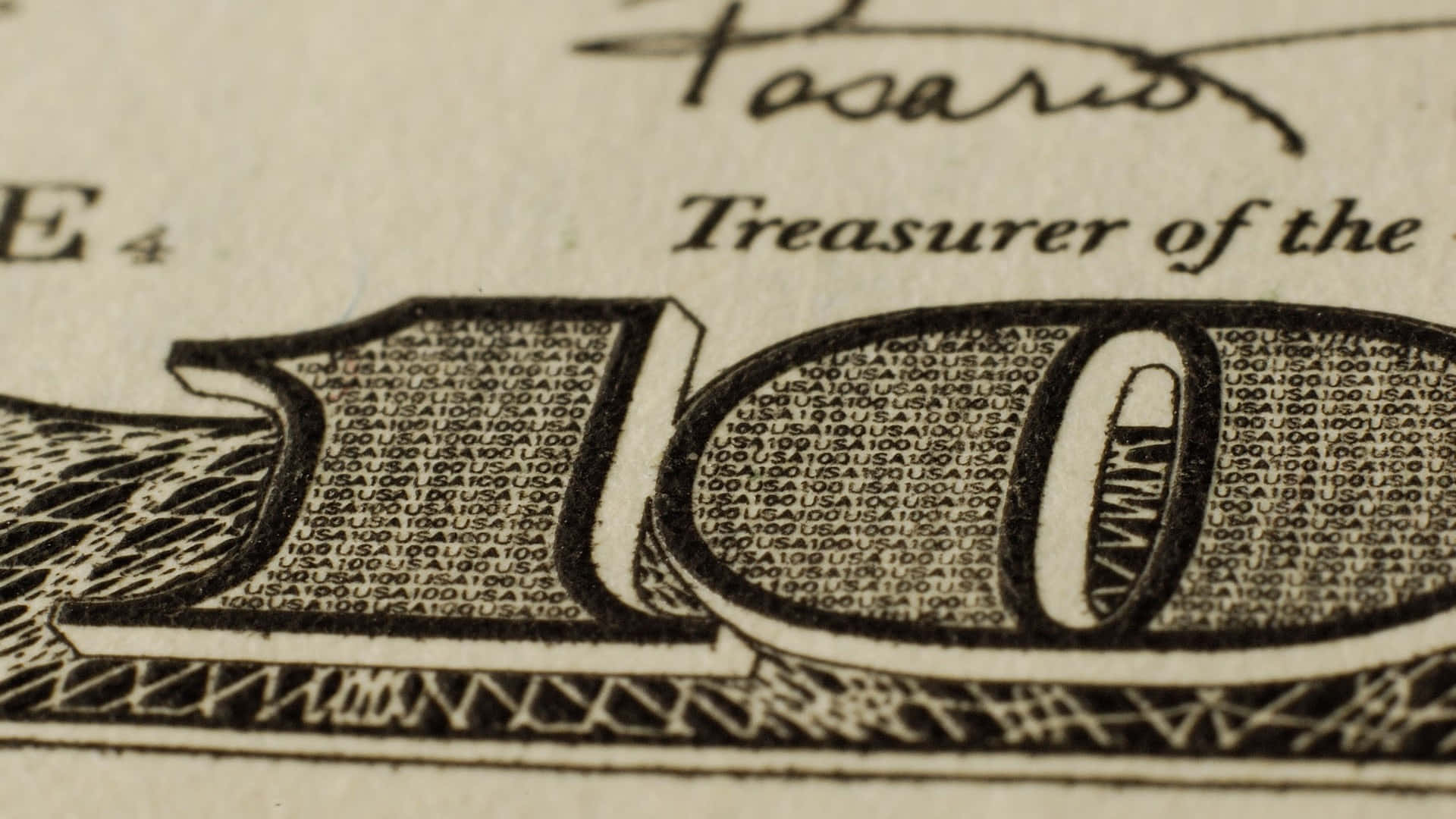 金錢 桌布 壁紙 — 一個復古風格寶箱的特寫，表面標有「Treasurer of the」字樣，並重複出現「USA100」文字圖案。