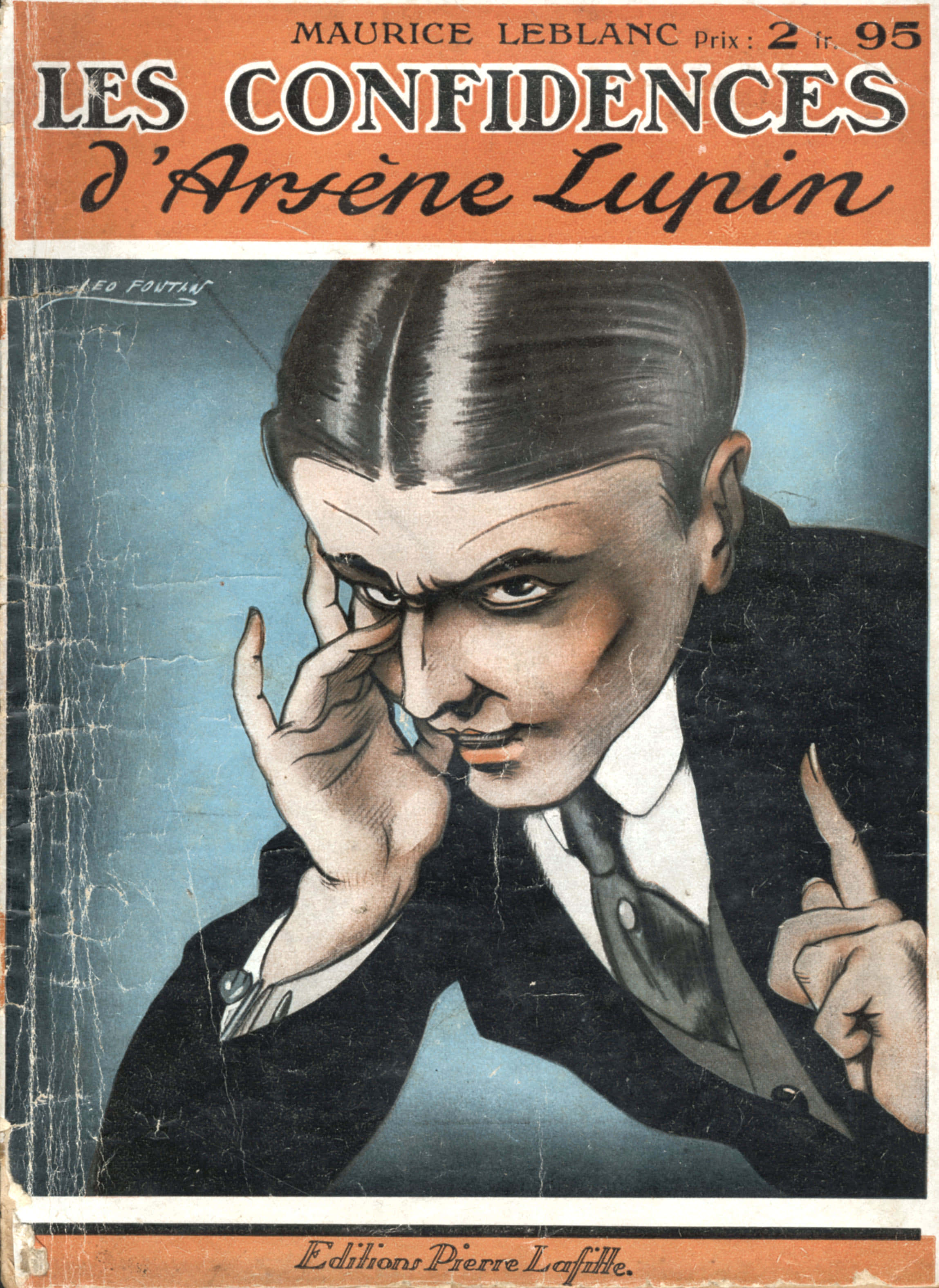 Arsène Lupin 桌布 壁紙 — 一個復古風格插圖書封面，描繪一位衣著講究、頭髮整齊、眼神銳利的男子，以戲劇性姿勢托著臉龐。