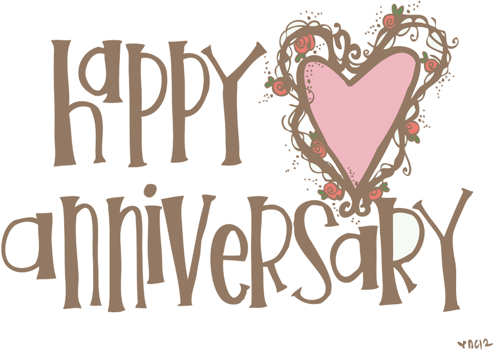 text 桌布 壁紙 — 一個復古風格的「Happy Anniversary」祝賀，黑色背景上有一個粉紅色心形，飾有玫瑰和漩渦圖案。