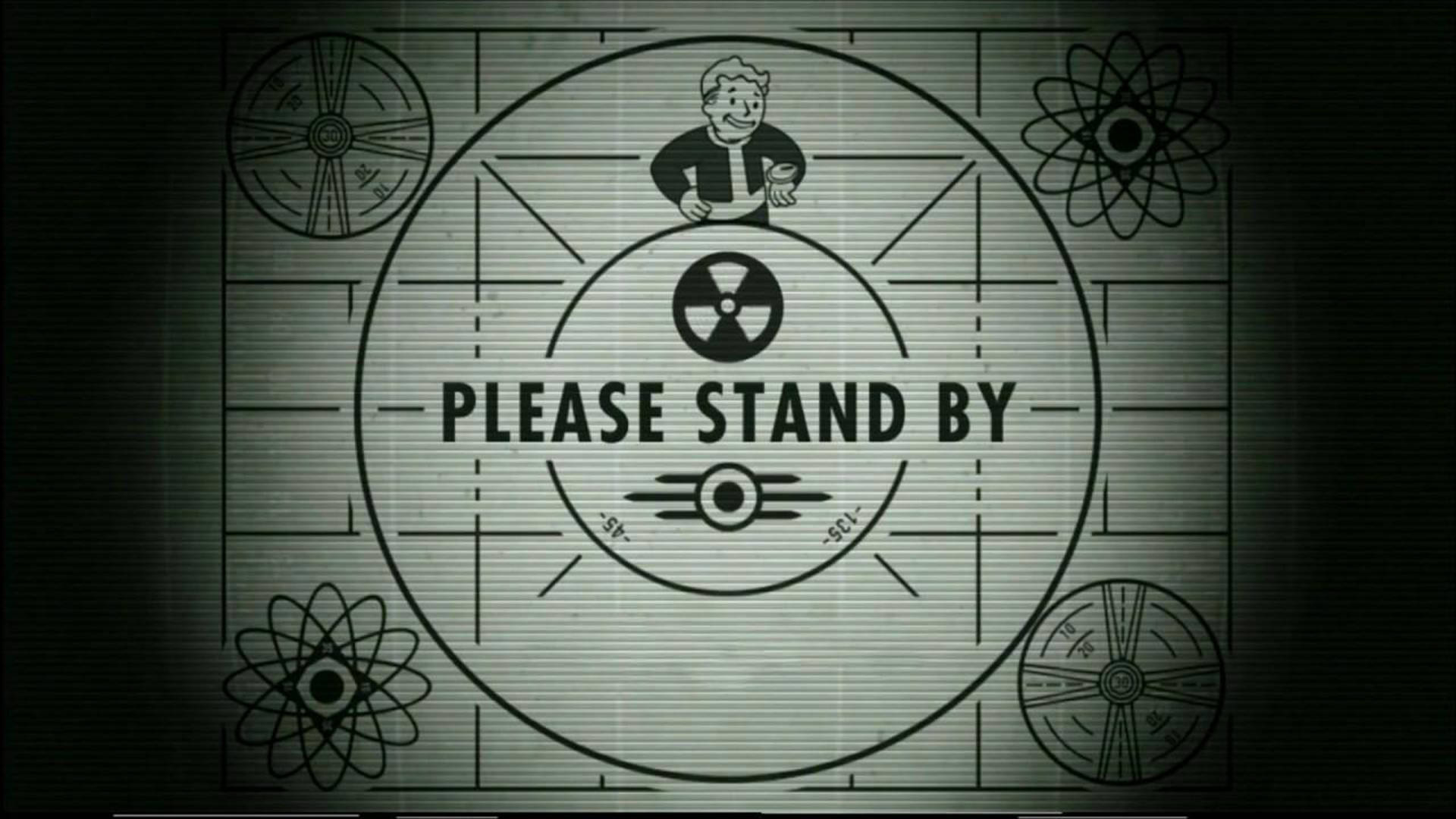 please 桌布 壁紙 — 一個復古風格的「PLEASE STAND BY」畫面，上面有卡通人物、輻射標誌和原子圖案，顯示在帶有顆粒感的顯示器上。