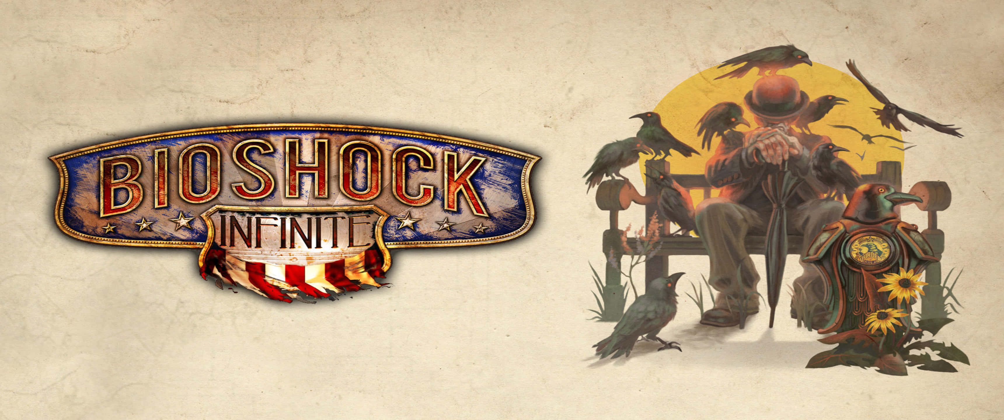 電玩遊戲 桌布 壁紙 — 一個復古風格的Bioshock Infinite標誌，旁邊是一個被烏鴉包圍、坐在黃色太陽前的男人。