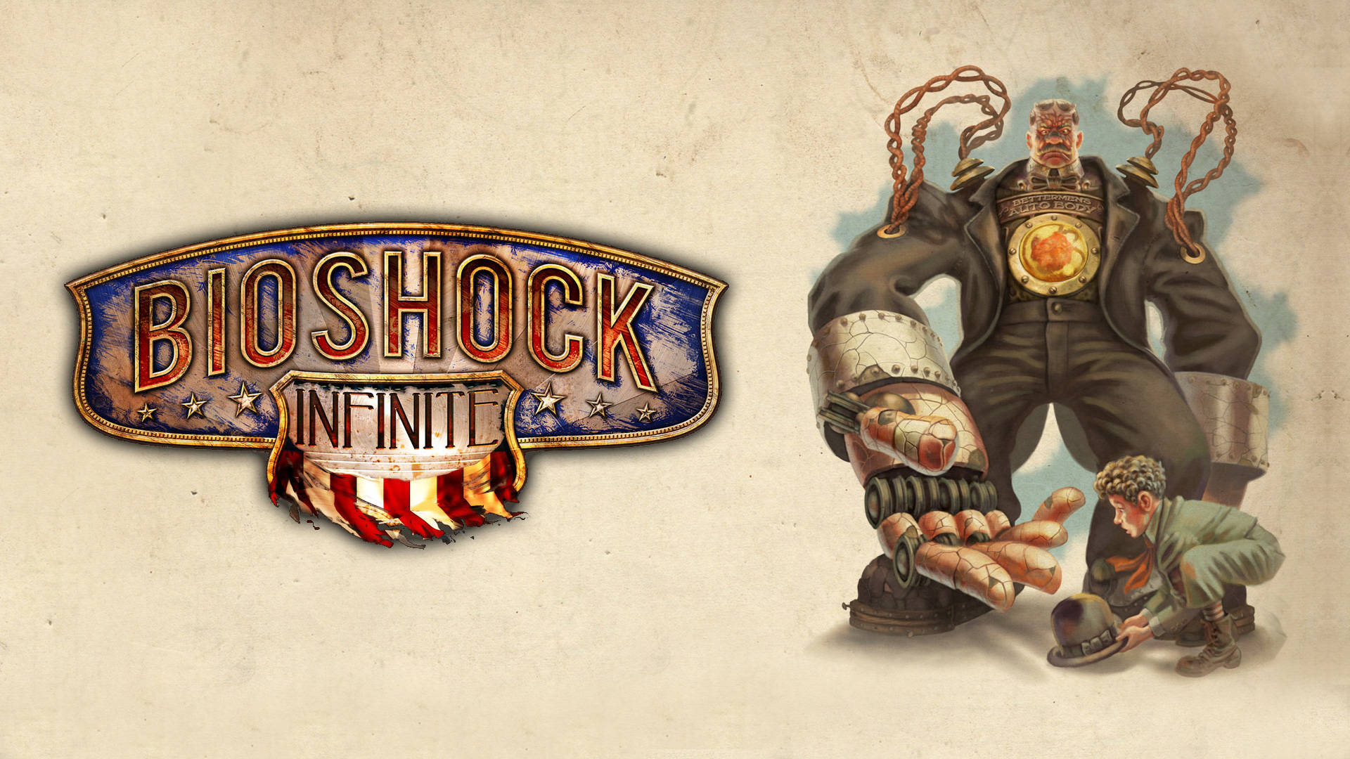 bioshock 4K 桌布 壁紙 — 一個復古風格的Bioshock Infinite標誌，旁邊有一個高聳的裝甲士兵和一個戴帽子的畏縮男子。