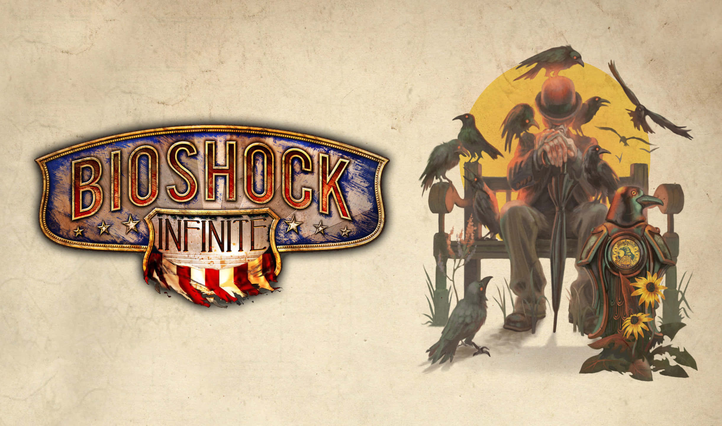 生化奇兵 桌布 壁紙 — 一個復古風格的Bioshock Infinite標誌，旁邊是一個戴高帽、被烏鴉圍繞的男人，背景是黃色太陽。