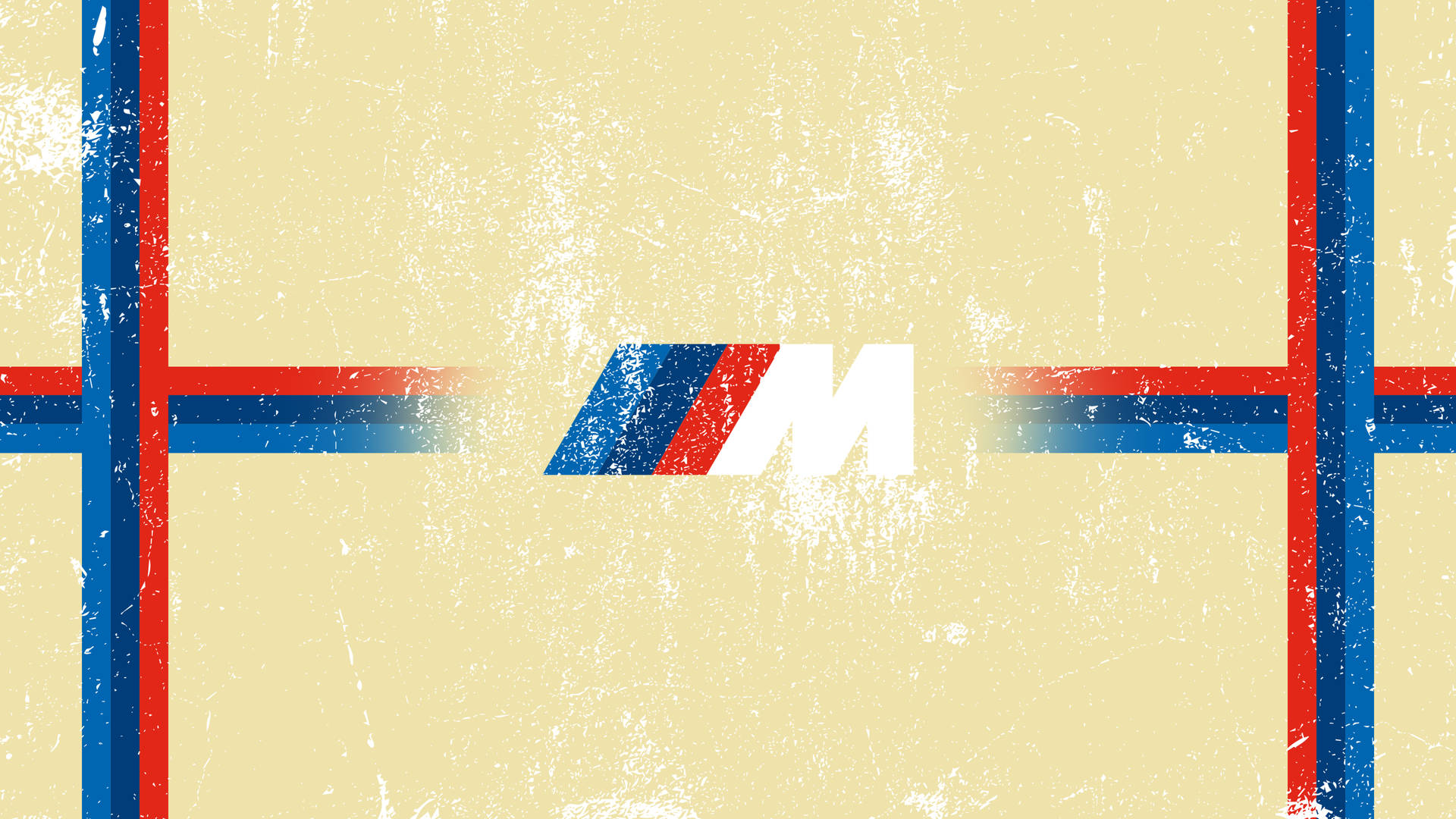 BMW 動圖 桌布 壁紙 — 一個復古風格的BMW M標誌，居中放置在帶有紋理的米色背景上，並配有醒目的紅色和藍色條紋。