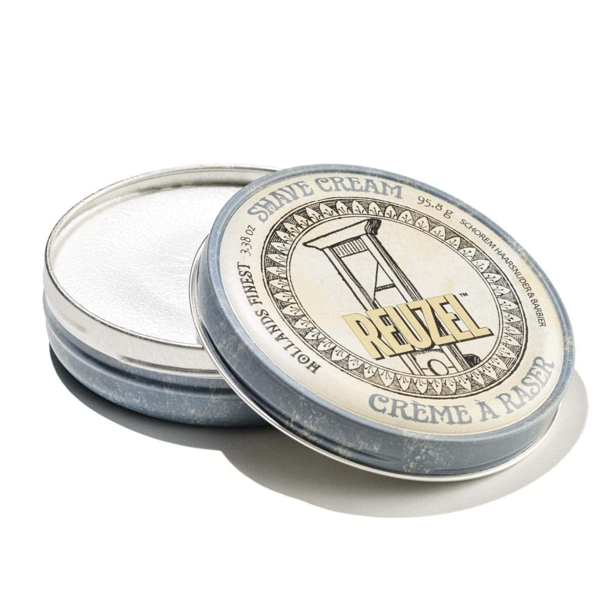 Shaving Cream 桌布 壁紙 — 一個復古風格的Reuzel刮鬍膏罐，銀色蓋子，奶油色標籤上印有斷頭台圖案。