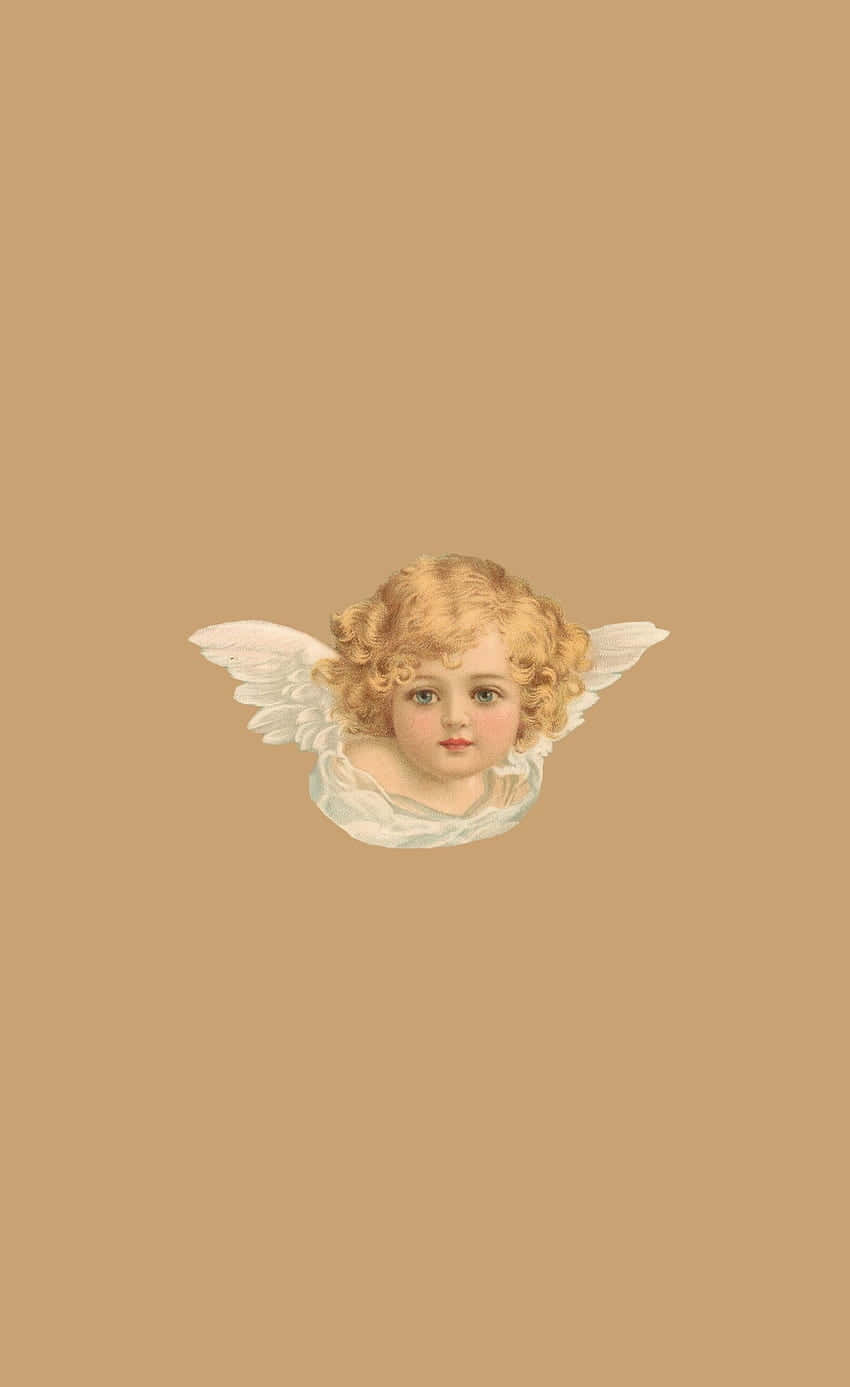 Angel Aesthetic Clouds 桌布 壁紙 — 一個復古風格的天使，擁有金色捲髮和精緻的白色翅膀，位於溫暖的米色背景中央。