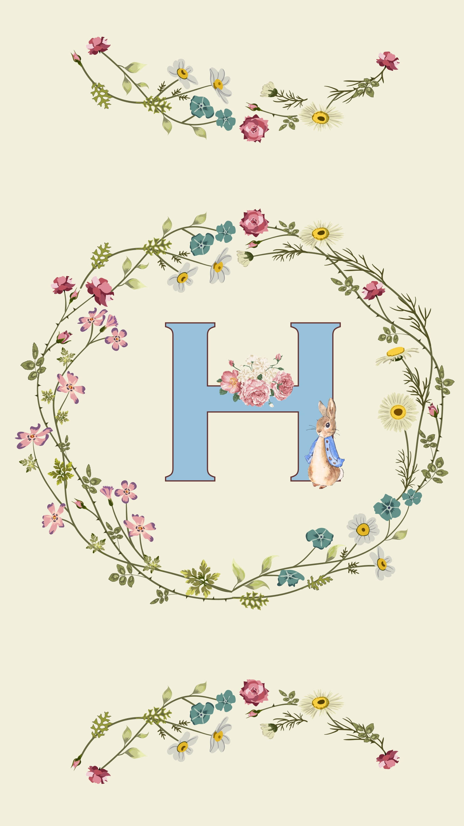 H 桌布 壁紙 — 一個復古風格的字母H，飾有花環和小兔子插圖，背景為柔和的奶油色。