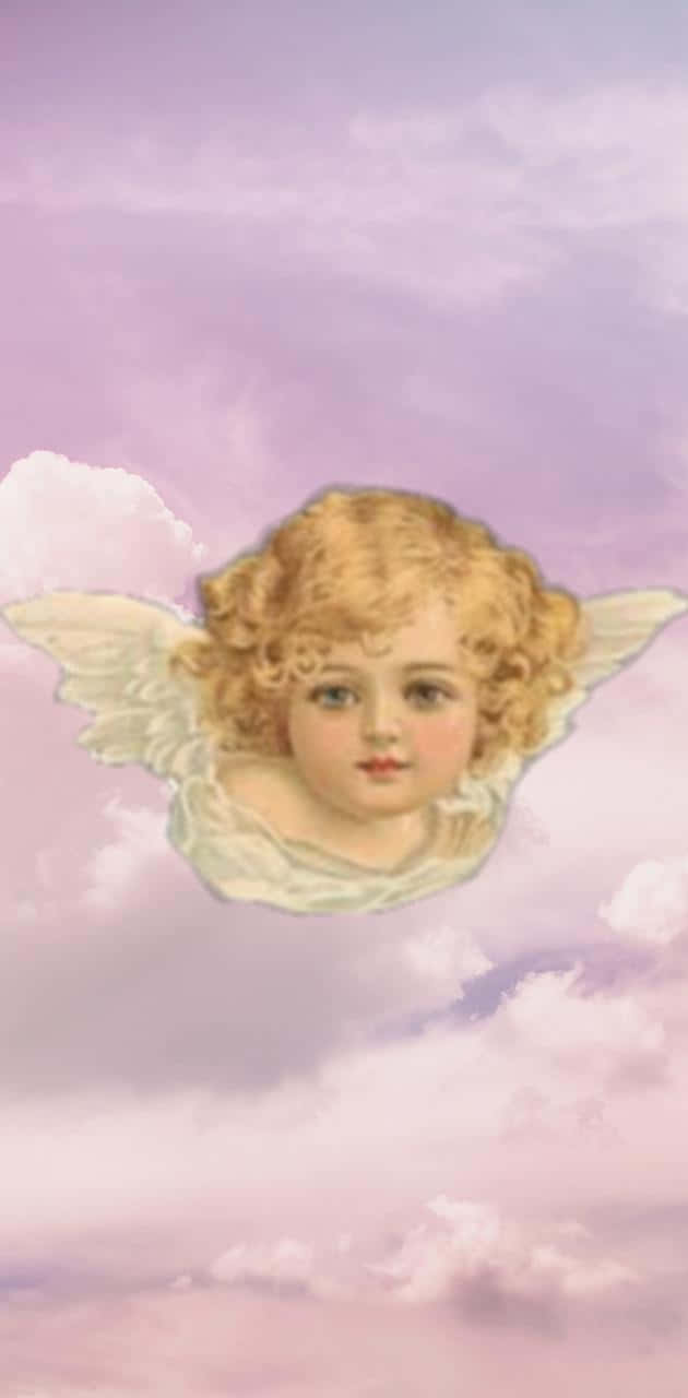 Angel Aesthetic Clouds 桌布 壁紙 — 一個復古風格的小天使，擁有捲曲的金色頭髮和精緻的翅膀，在柔和的薰衣草色天空與蓬鬆雲朵中寧靜地漂浮。