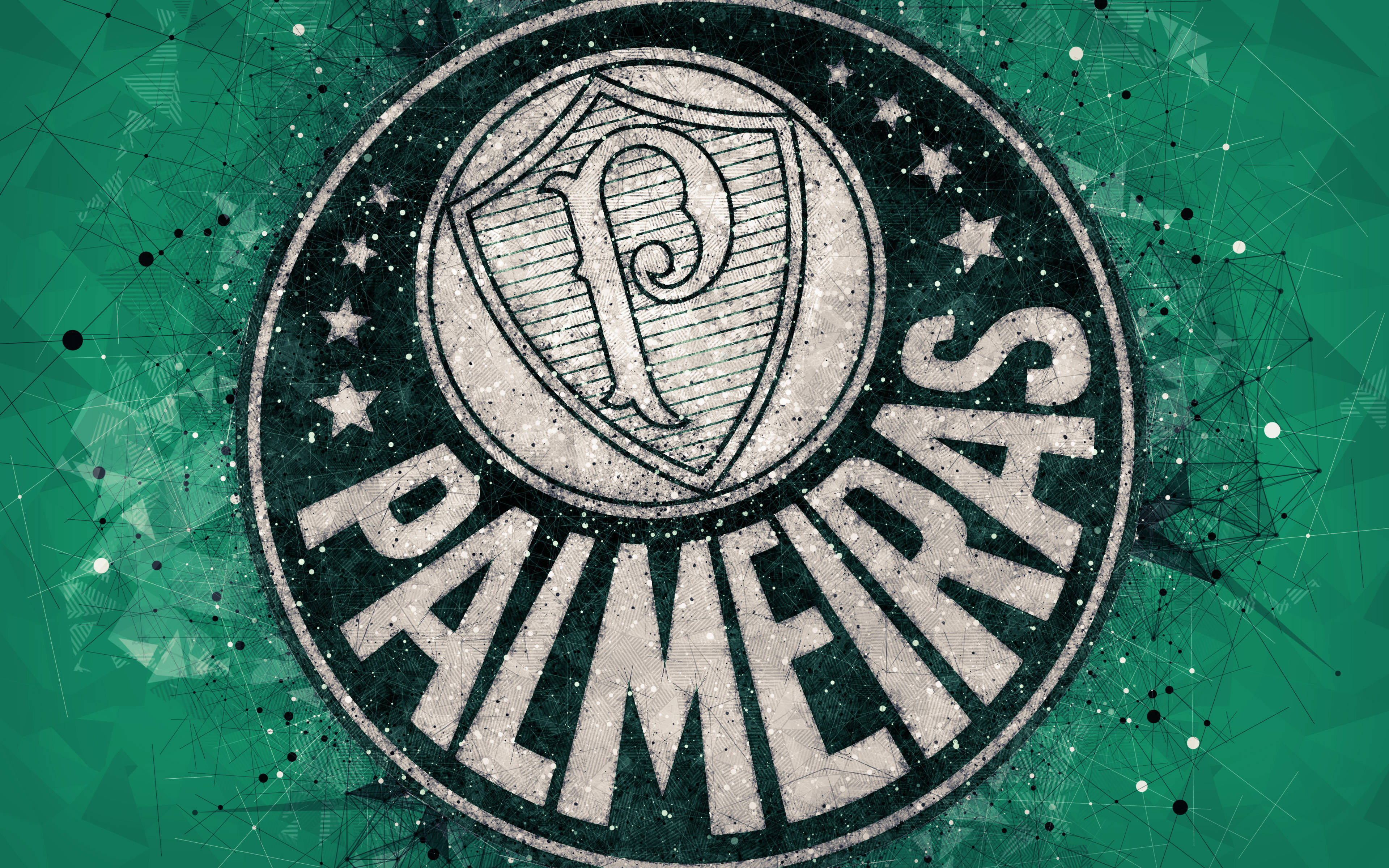 Palmeiras 桌布 壁紙 — 一個復古風格的帕爾梅拉斯隊徽，盾牌上有一個風格化的P，背景是帶有幾何圖案和星星的紋理綠色背景。