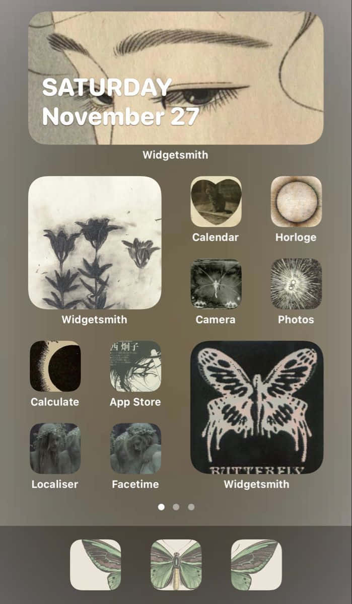 Aesthetic Widgets 桌布 壁紙 — 一個復古風格的手機主螢幕，帶有蝴蝶主題的小工具和頂部的特寫眼睛小工具。