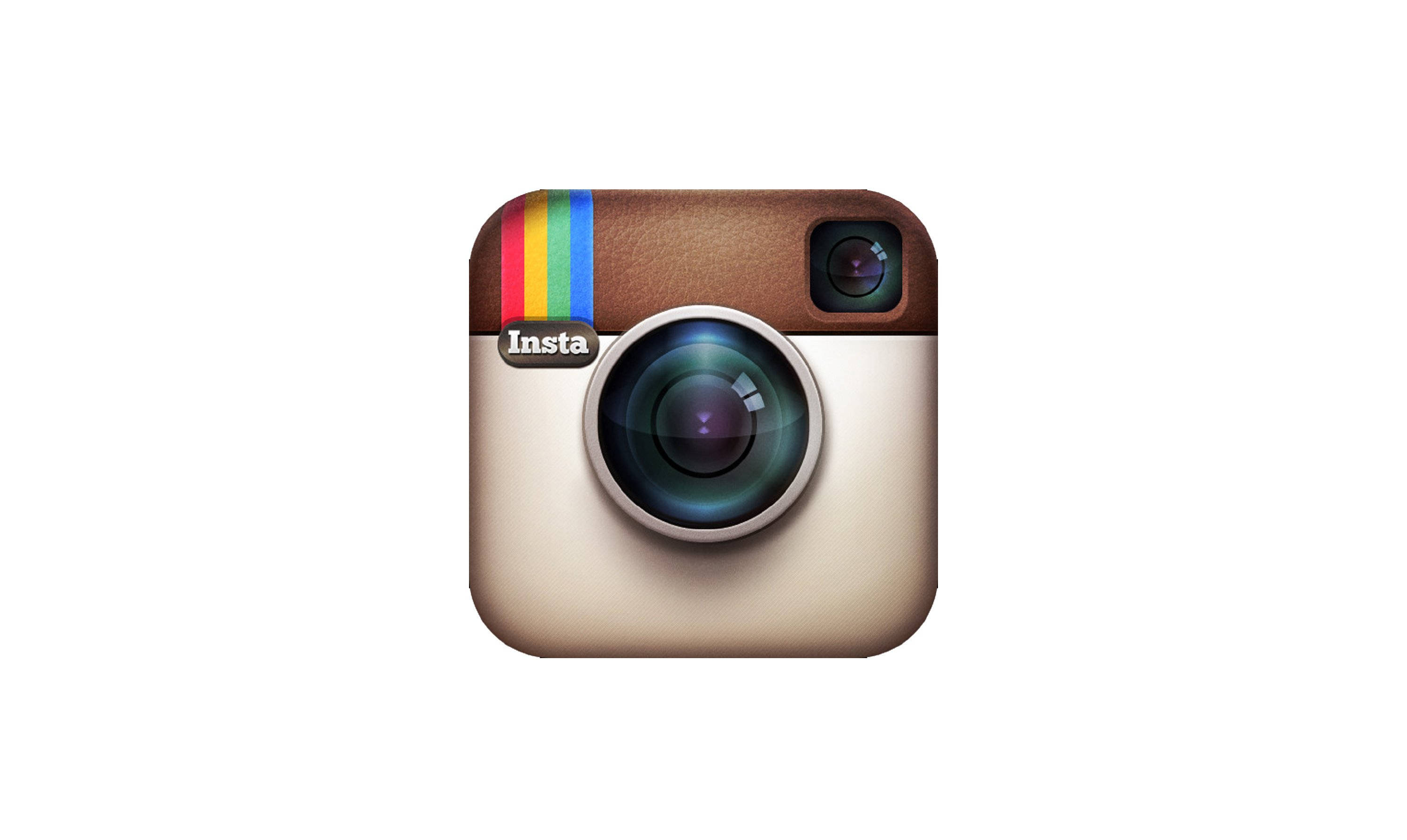 Instagram 桌布 壁紙 — 一個復古風格的相機圖示，帶有彩虹條紋和「Insta」標籤，背景為純白色。