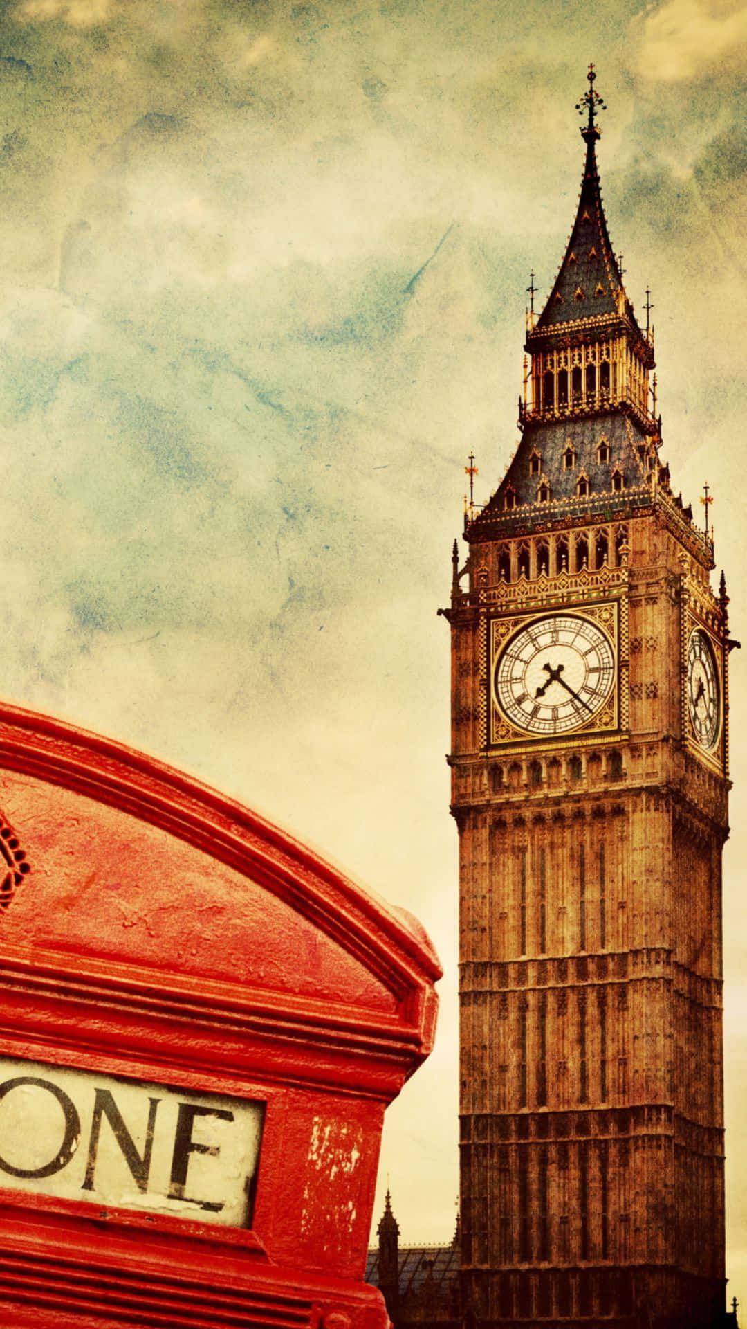 London iPhone 桌布 壁紙 — 一個復古風格的紅色電話亭框住了標誌性的伊麗莎白塔，背景是紋理豐富的多雲天空。