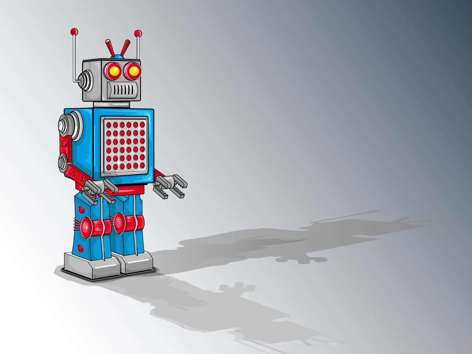 Cartoon Robot 桌布 壁紙 — 一個復古風格的藍色和紅色機器人，帶有發光的橙色眼睛，站在漸變灰色背景前，投射出清晰的陰影。