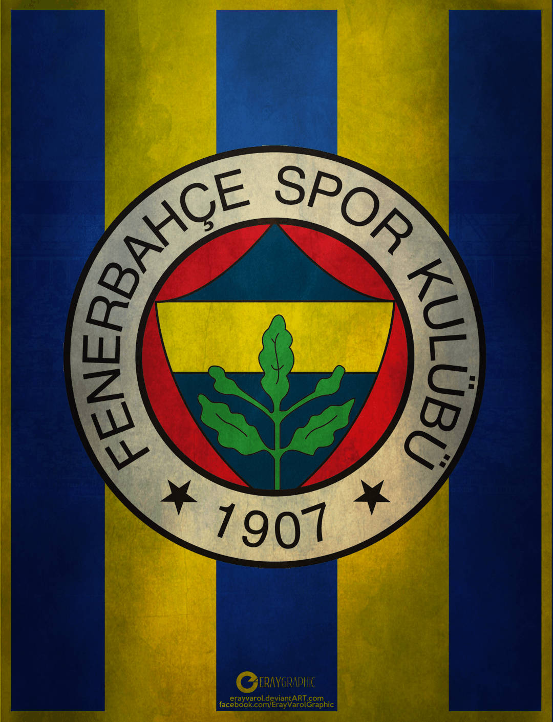 Fenerbahce 桌布 壁紙 — 一個復古風格的費倫巴治體育會徽章，居中放置在黃藍條紋背景上，帶有磨損質感。