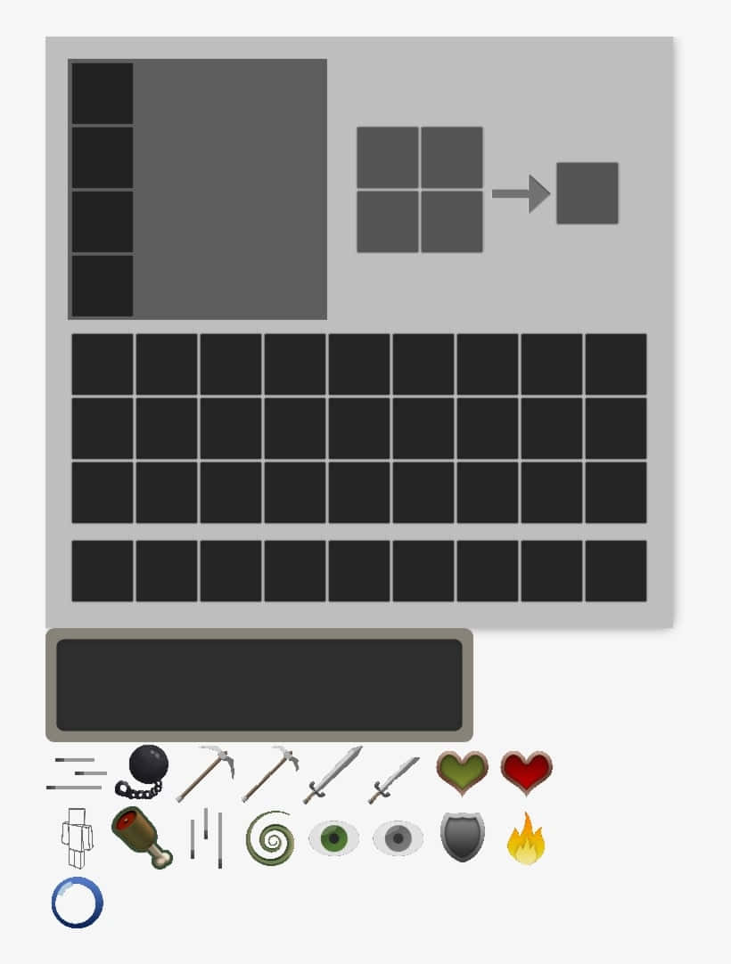 Minecraft Phone 桌布 壁紙 — 一個復古風格的遊戲物品欄畫面，帶有網格介面以及下方的武器、心形和物品圖示。