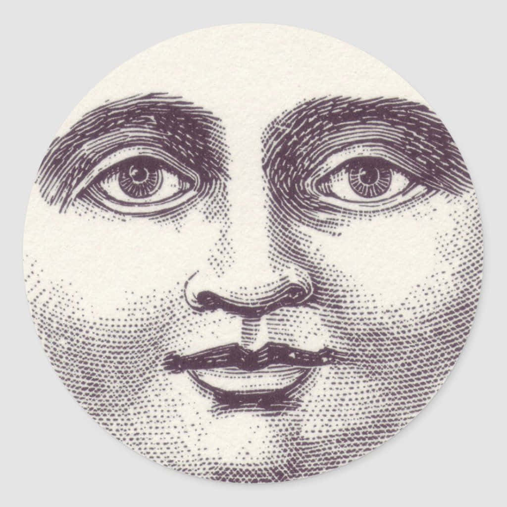 Moon Face 桌布 壁紙 — 一個復古風格的雕刻插圖，描繪一個寧靜的月亮臉，帶有精細的眼睛和嘴唇，置於圓形框架內。