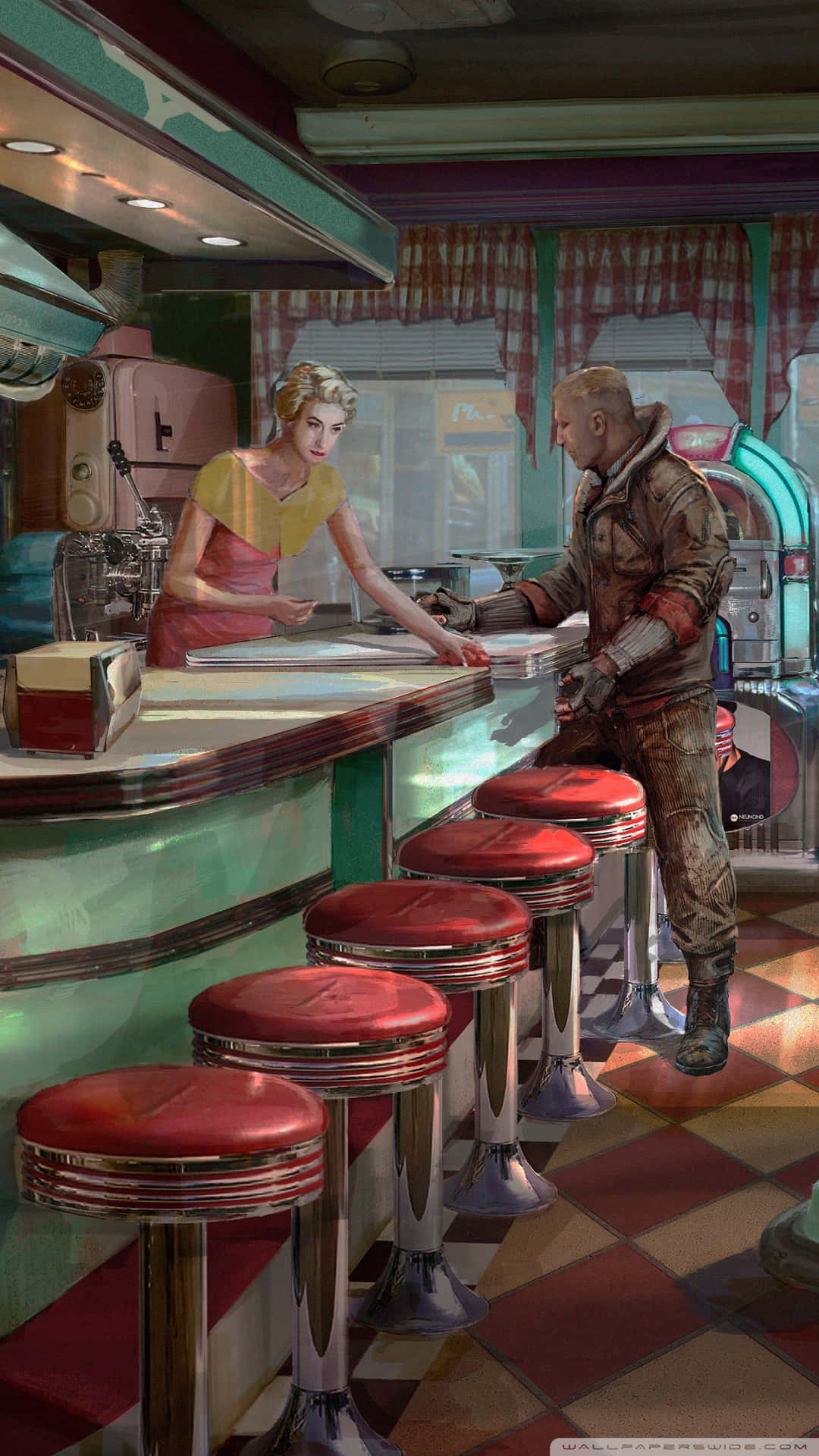 Android Wolfenstein Ii 桌布 壁紙 — 一個復古餐廳場景，一位身穿黃色連衣裙的女性在帶有紅色凳子的鉻合金櫃檯為一位粗獷的男性服務。