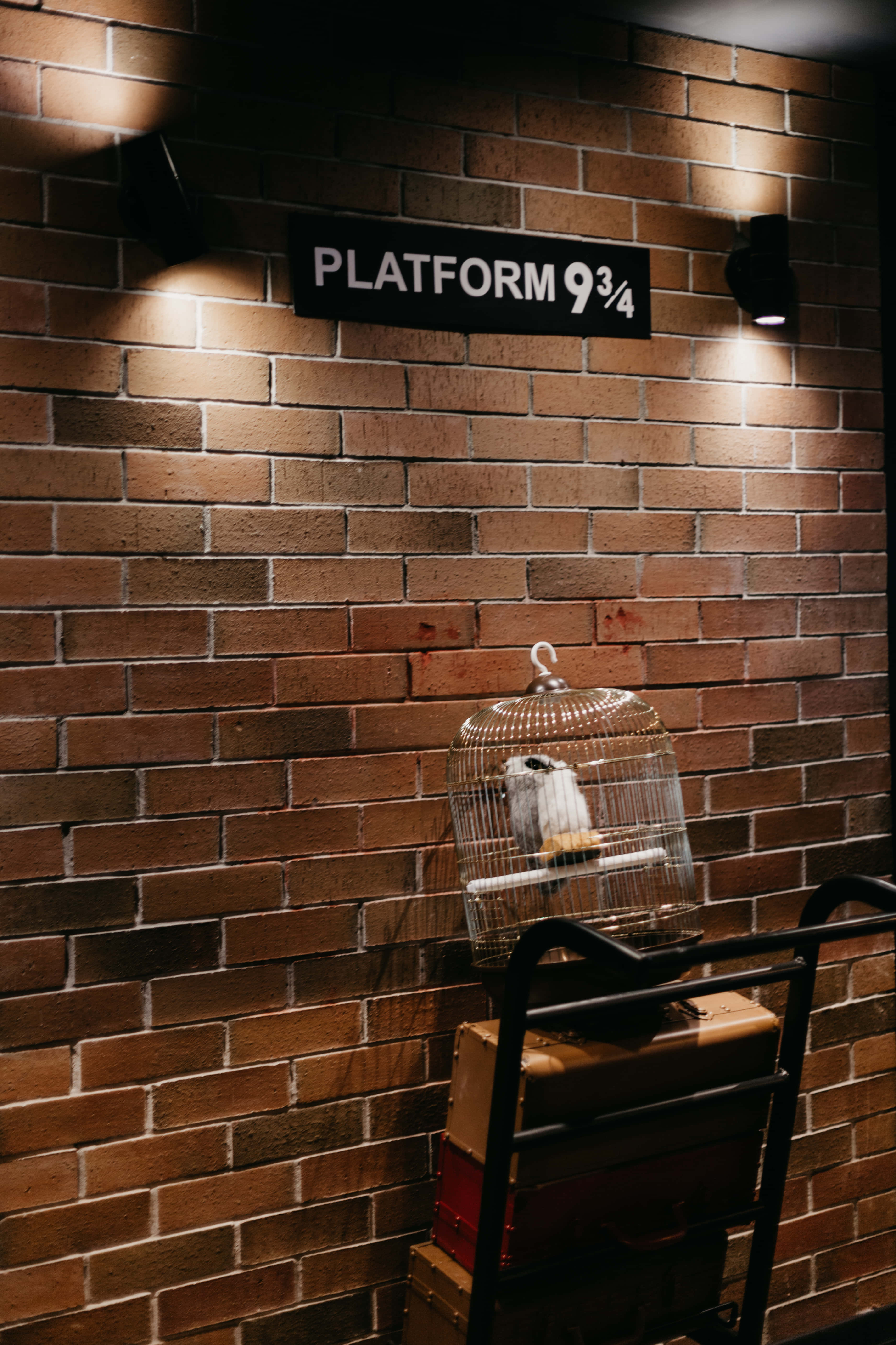 Platform 9 3/4 桌布 壁紙 — 一個復古鳥籠放在堆疊的行李箱上，旁邊是「Platform 9¾」標誌，背景是溫暖照明的磚牆。