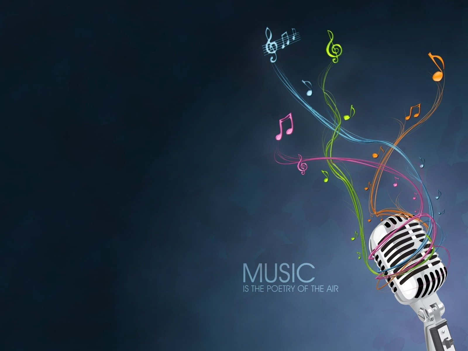 Musical 桌布 壁紙 — 一個復古麥克風在深色紋理背景上發出充滿活力的旋轉音符，並帶有文字音樂是空氣的詩歌。