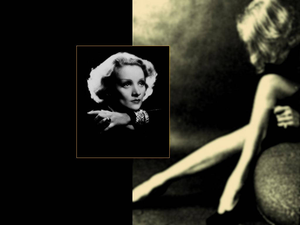 Marlene Dietrich 桌布 壁紙 — 一個復古黑白肖像，一位髮型時尚的女性，在明暗對比燈光下以模糊的人物為背景裱框。