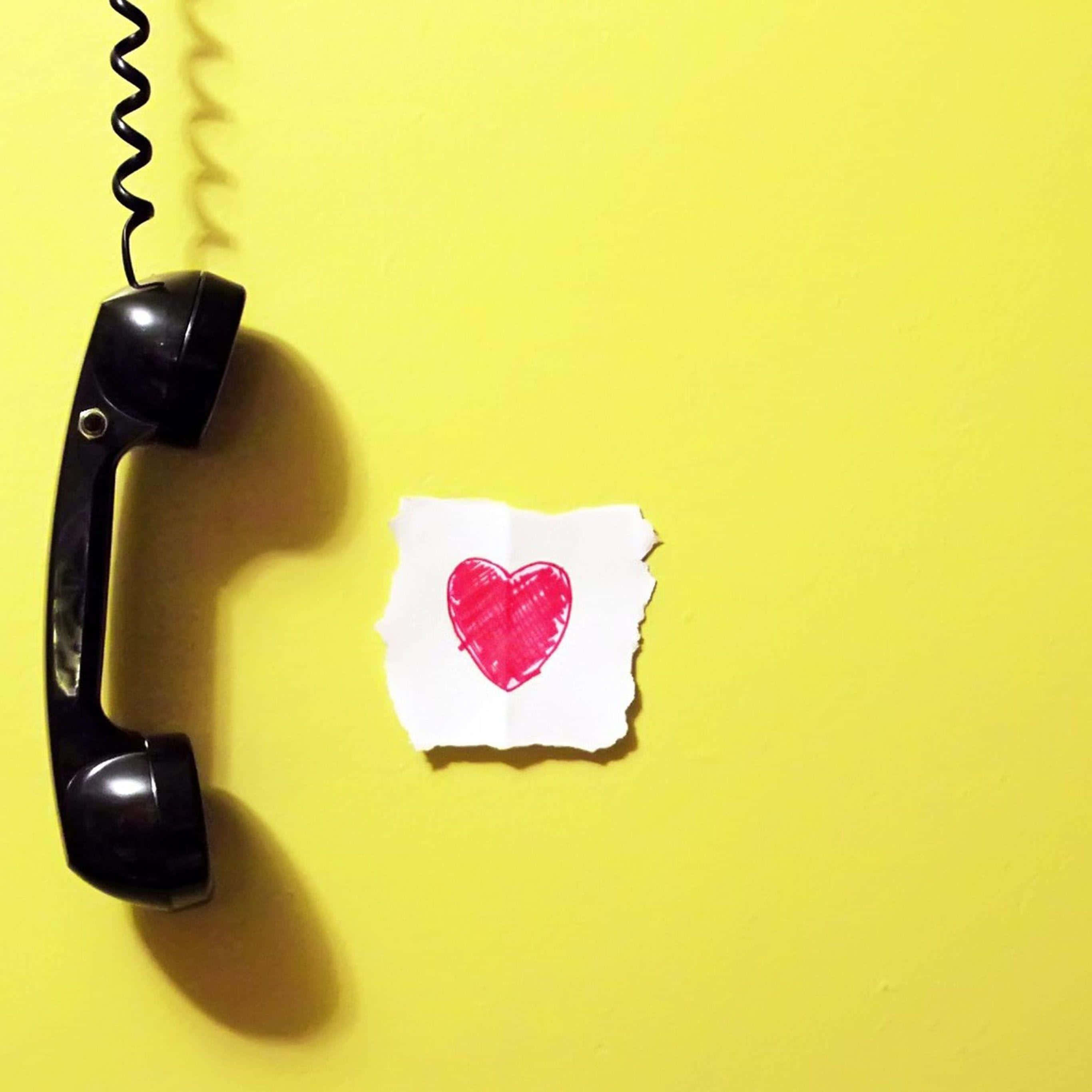 Phone Call 桌布 壁紙 — 一個復古黑色電話聽筒放在一張撕破的白紙旁邊，紙上畫有一個紅色愛心，背景是明亮的黃色。