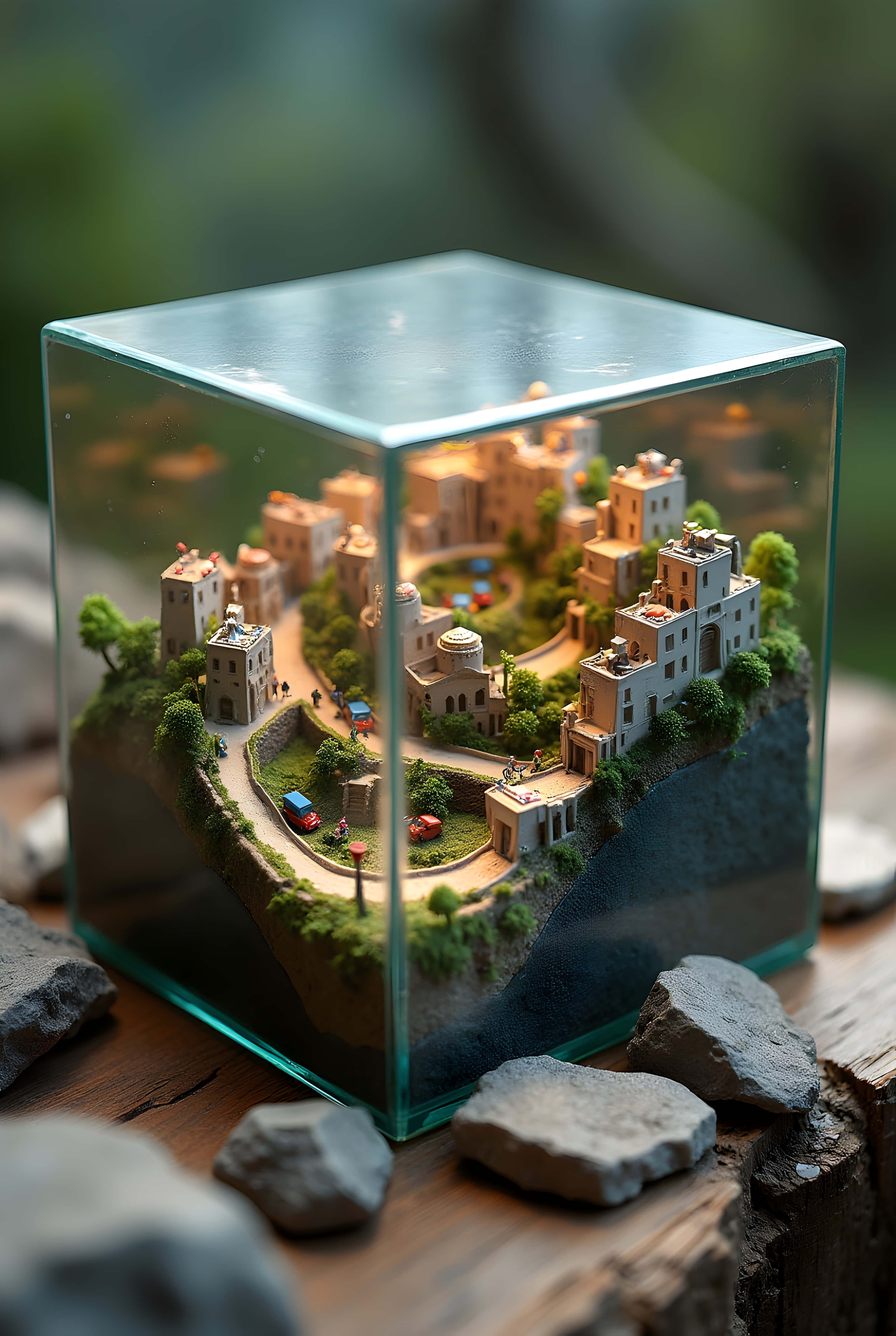 glass 桌布 壁紙 — 一個微型地中海村莊，擁有陶土屋頂和蜿蜒的道路，位於透明玻璃立方體內，放置在木質表面上，周圍環繞著灰色岩石。