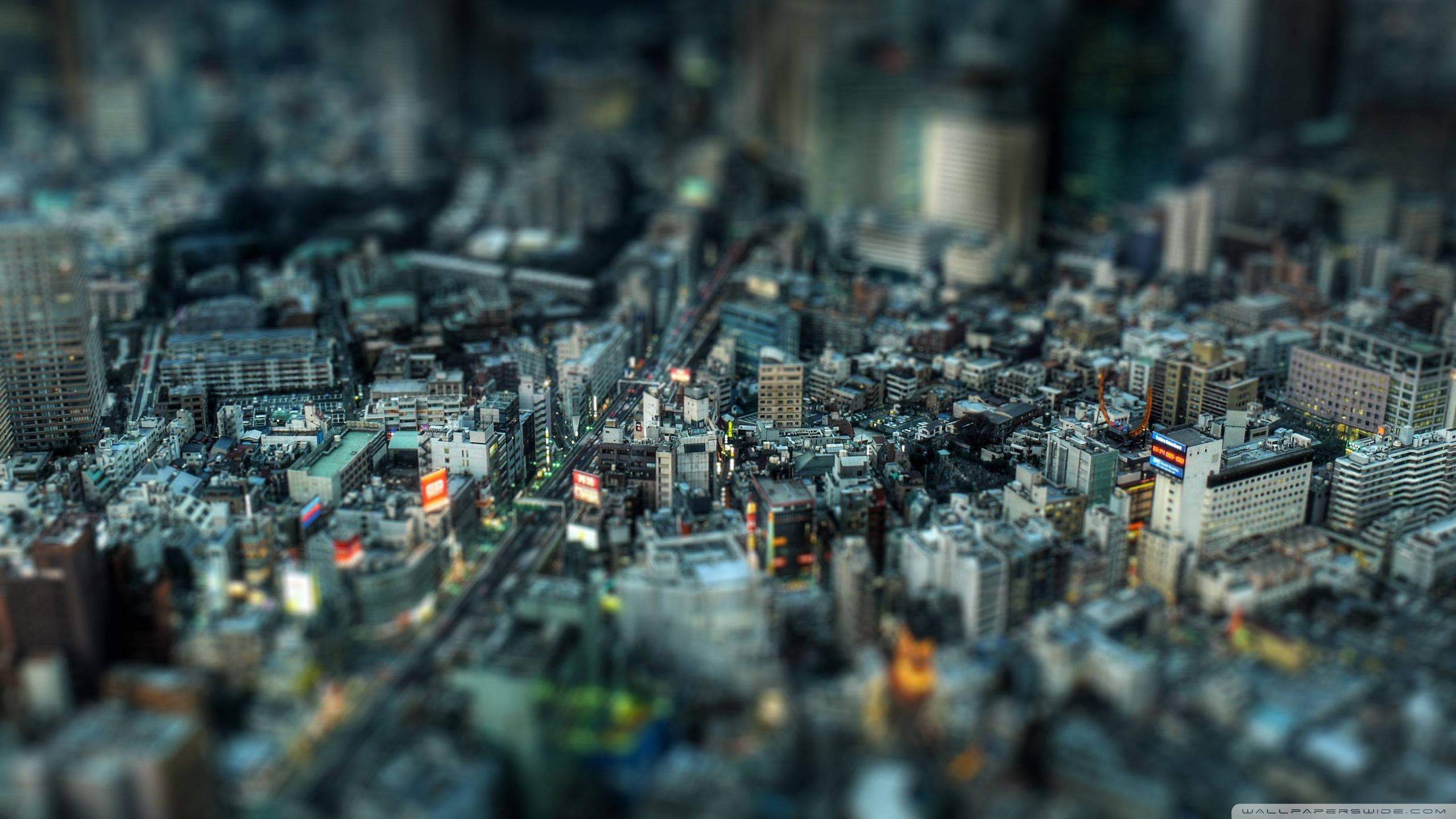 城市風景 桌布 壁紙 — 一個微型城市景觀，邊緣模糊，中央焦點清晰，展現發光的霓虹燈招牌和密集的城市建築。