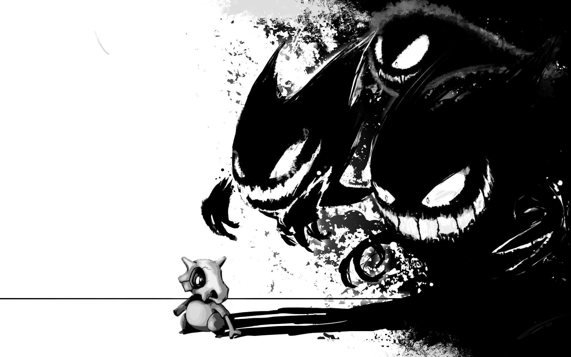 Pokemon Posters 桌布 壁紙 — 一個微小的卡通生物面對一個帶有發光眼睛的龐大怪獸陰影，以鮮明黑白呈現。