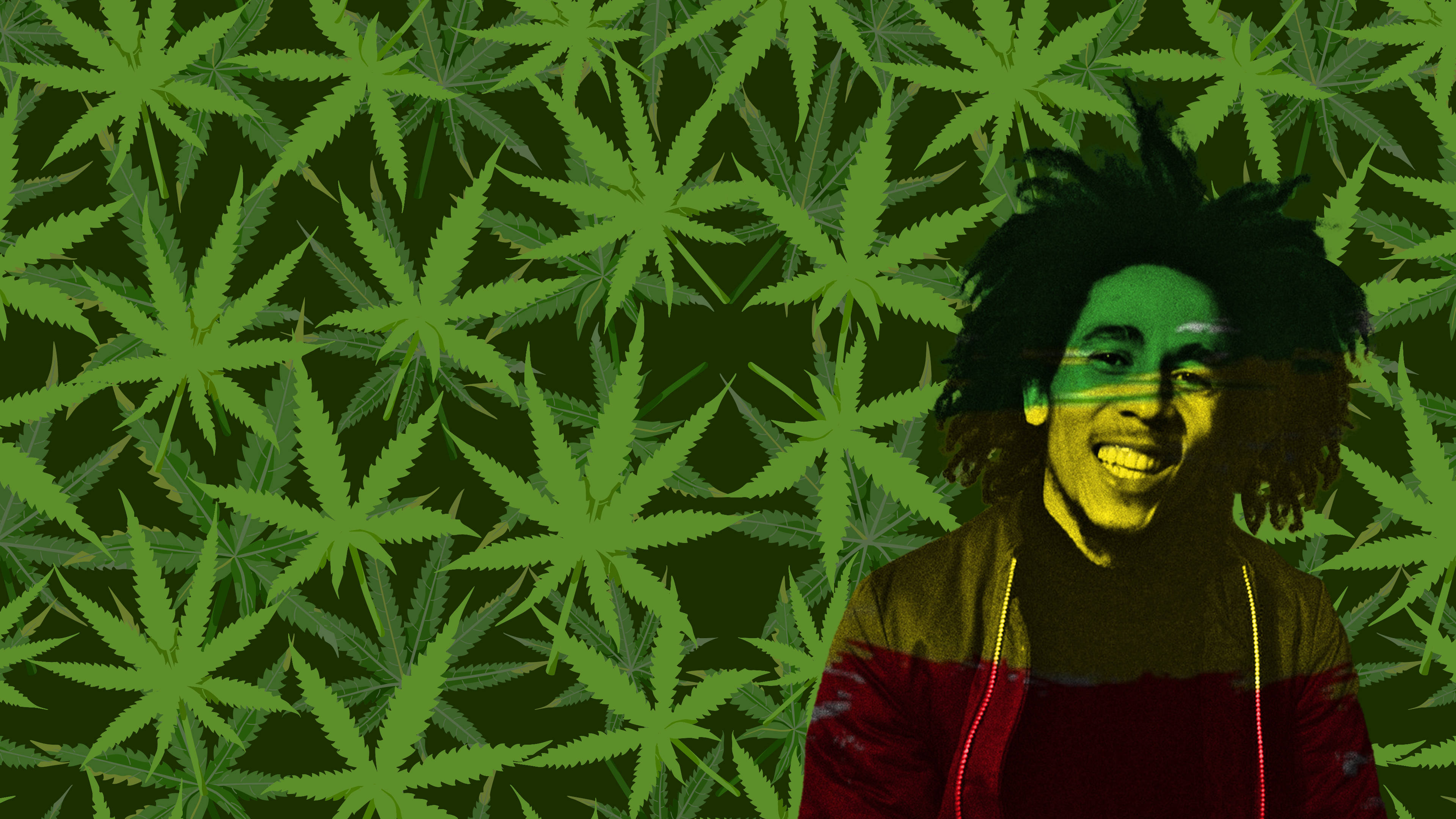 Bob Marley 桌布 壁紙 — 一個微笑、梳著辮子的人站在充滿活力的綠色大麻葉圖案背景前。