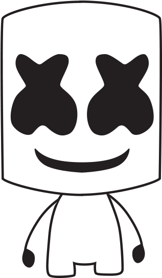 Marshmello 動態圖 桌布 壁紙 — 一個微笑卡通角色的極簡黑色剪影，帶有X形眼睛和白色手臂亮點。