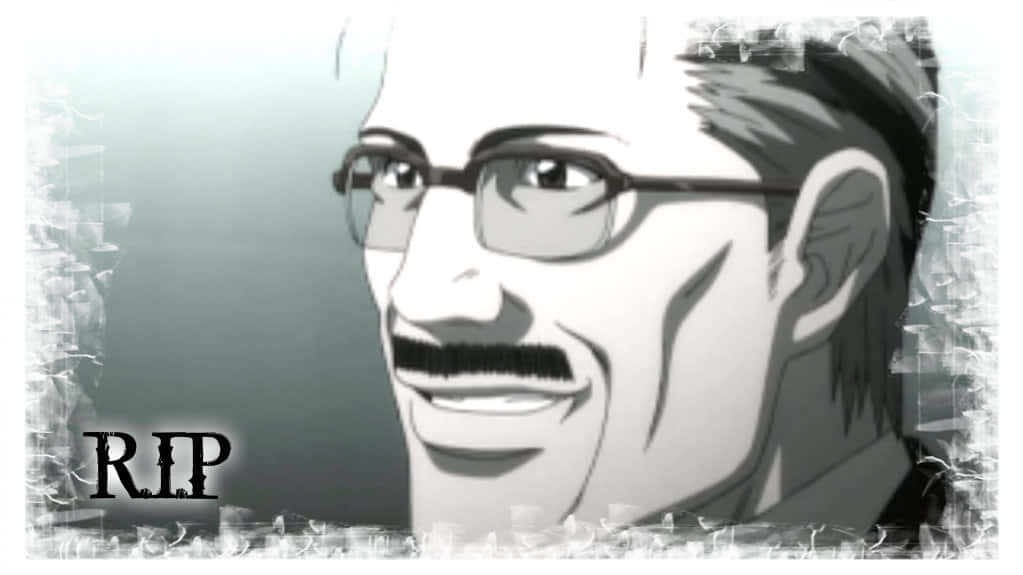 Soichiro Yagami 桌布 壁紙 — 一個微笑戴眼鏡留鬍鬚男士的灰階動畫肖像，帶有磨損邊框和RIP文字。