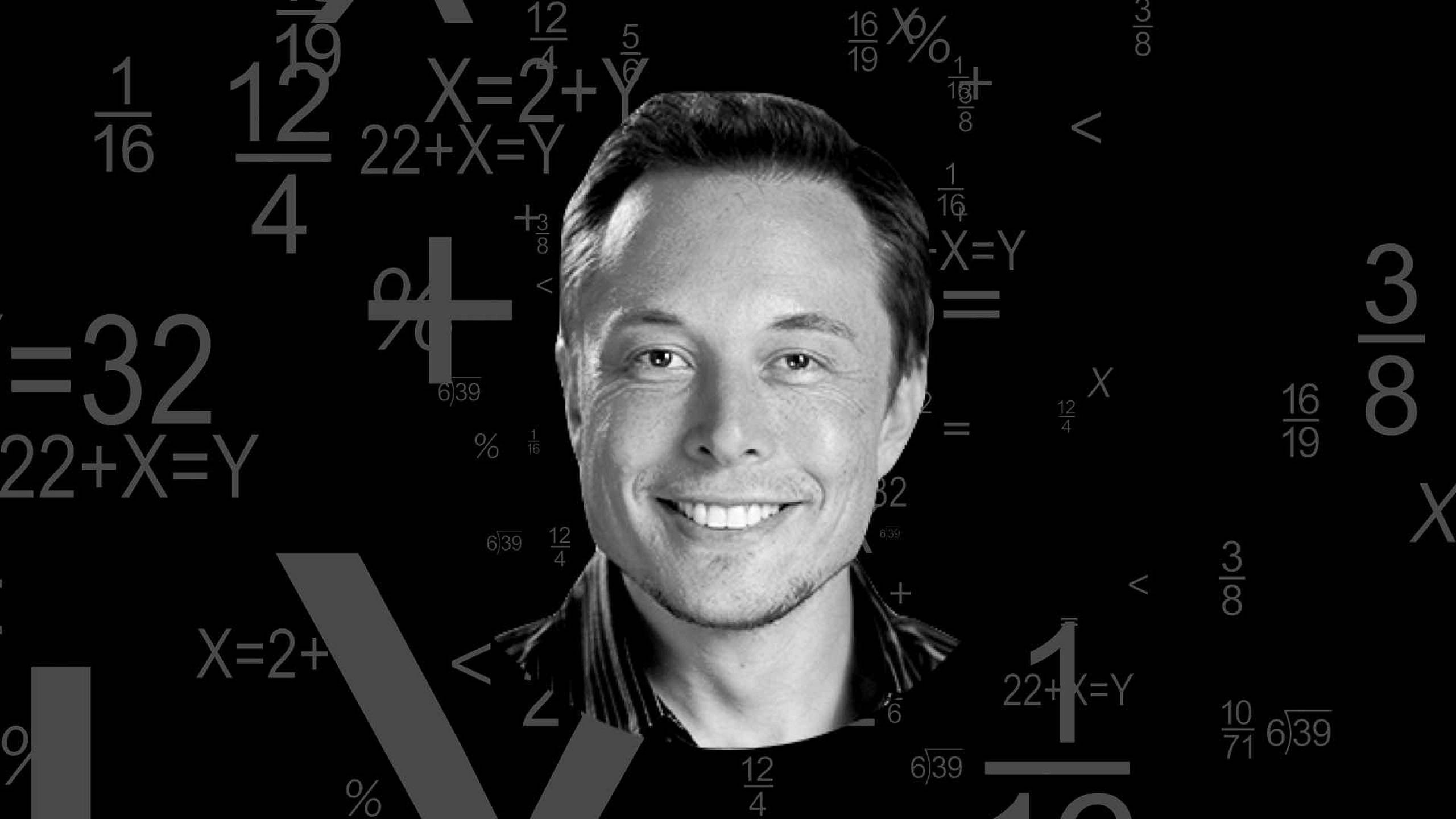 Elon 桌布 壁紙 — 一個微笑男子的肖像，被漂浮的數學方程式和符號包圍，背景為深色。