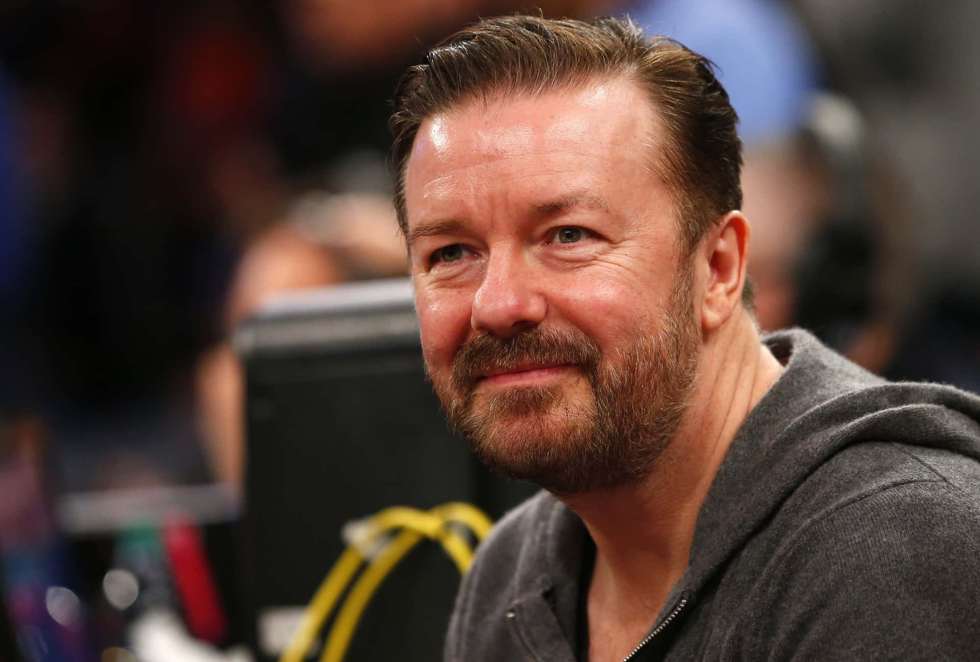 ricky gervais 桌布 壁紙 — 一個微笑留鬍鬚的男人穿著灰色連帽衫在模糊的室內環境中的特寫肖像。