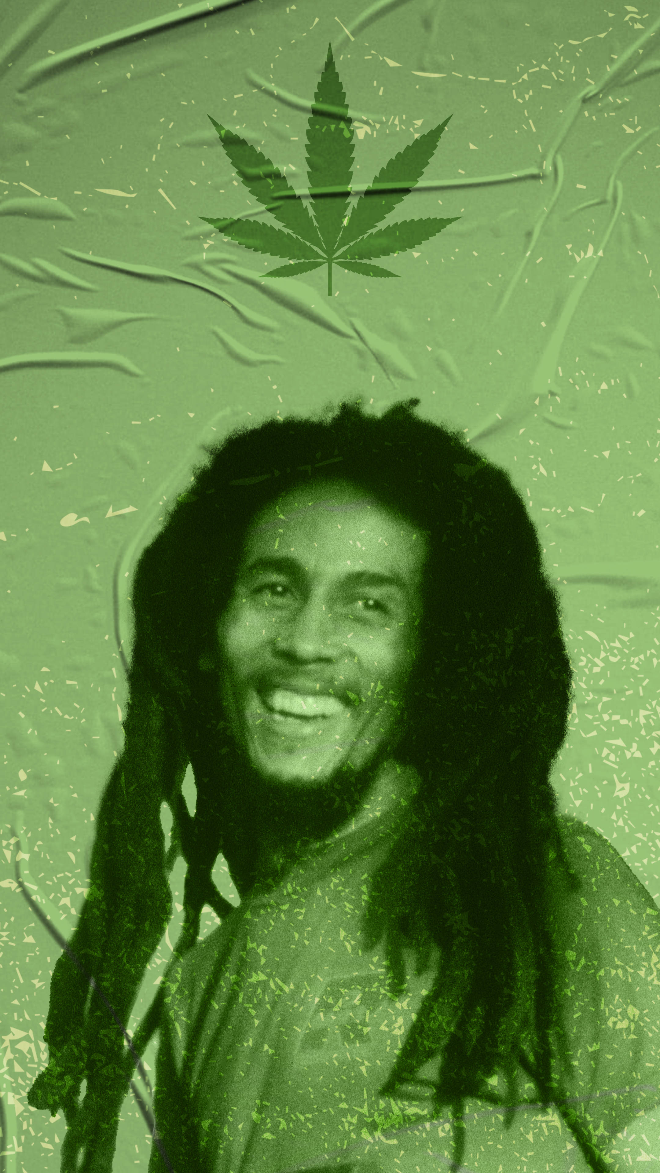 Bob Marley 桌布 壁紙 — 一個微笑的Bob Marley肖像，頭頂上方有一片大麻葉，背景為帶紋理的綠色。