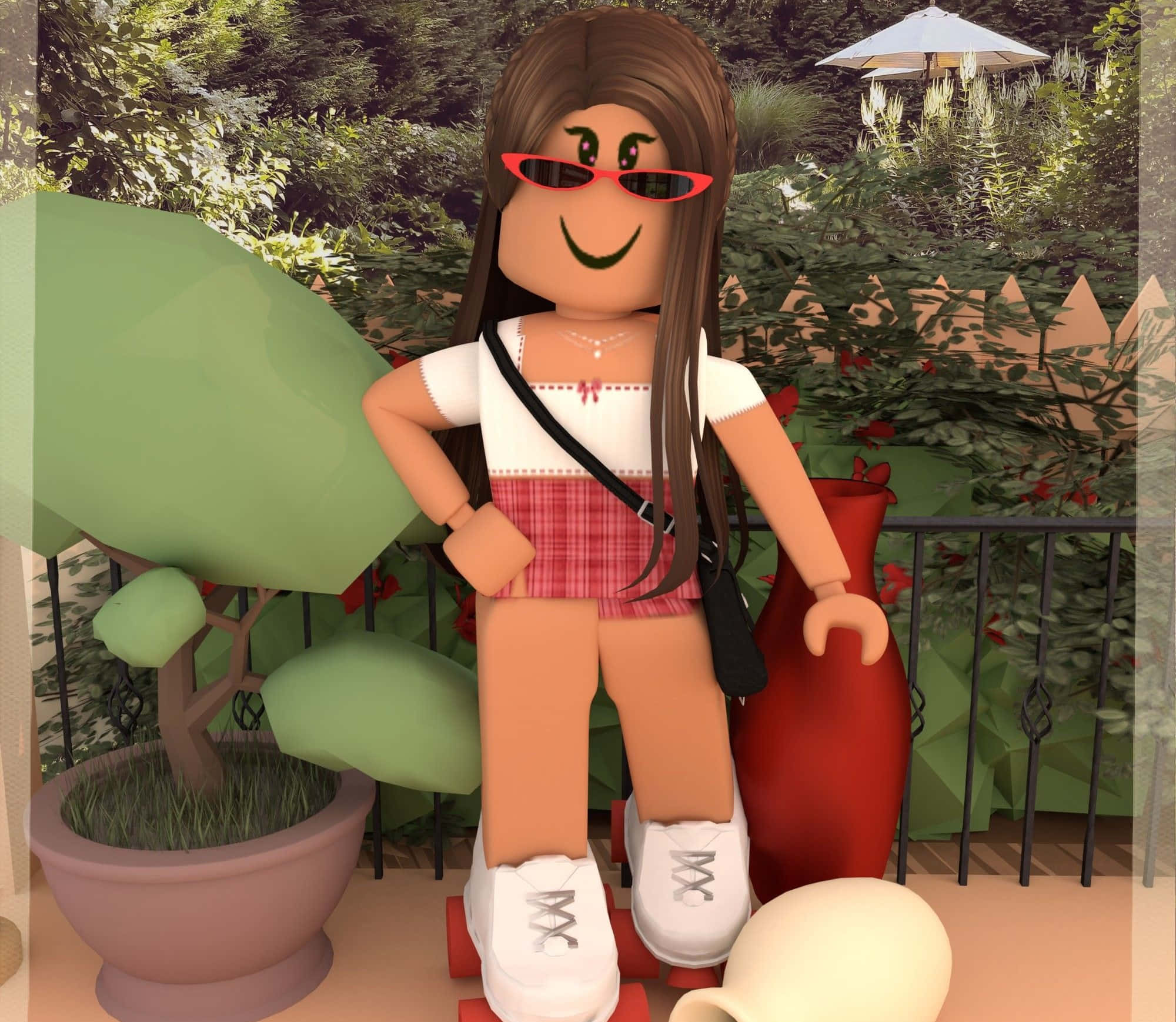 Cute Roblox 桌布 壁紙 — 一個微笑的Roblox虛擬角色，戴著紅色太陽眼鏡和格子短褲，自信地站在陽台上，周圍環繞著茂密的綠色植物和盆栽。