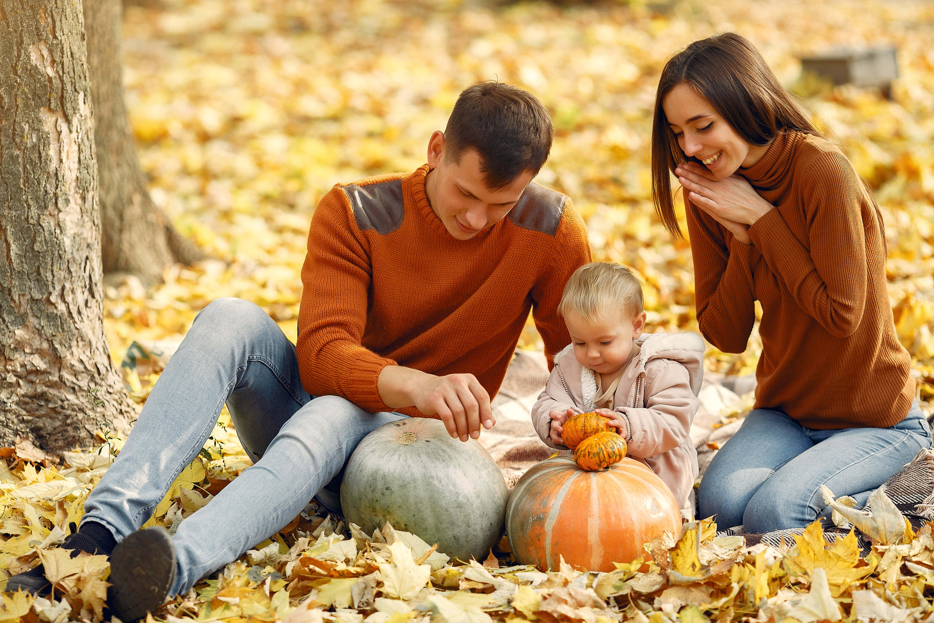 Fall Family 桌布 壁紙 — 一個微笑的三口之家坐在金黃色的秋葉中，在樹下玩南瓜。
