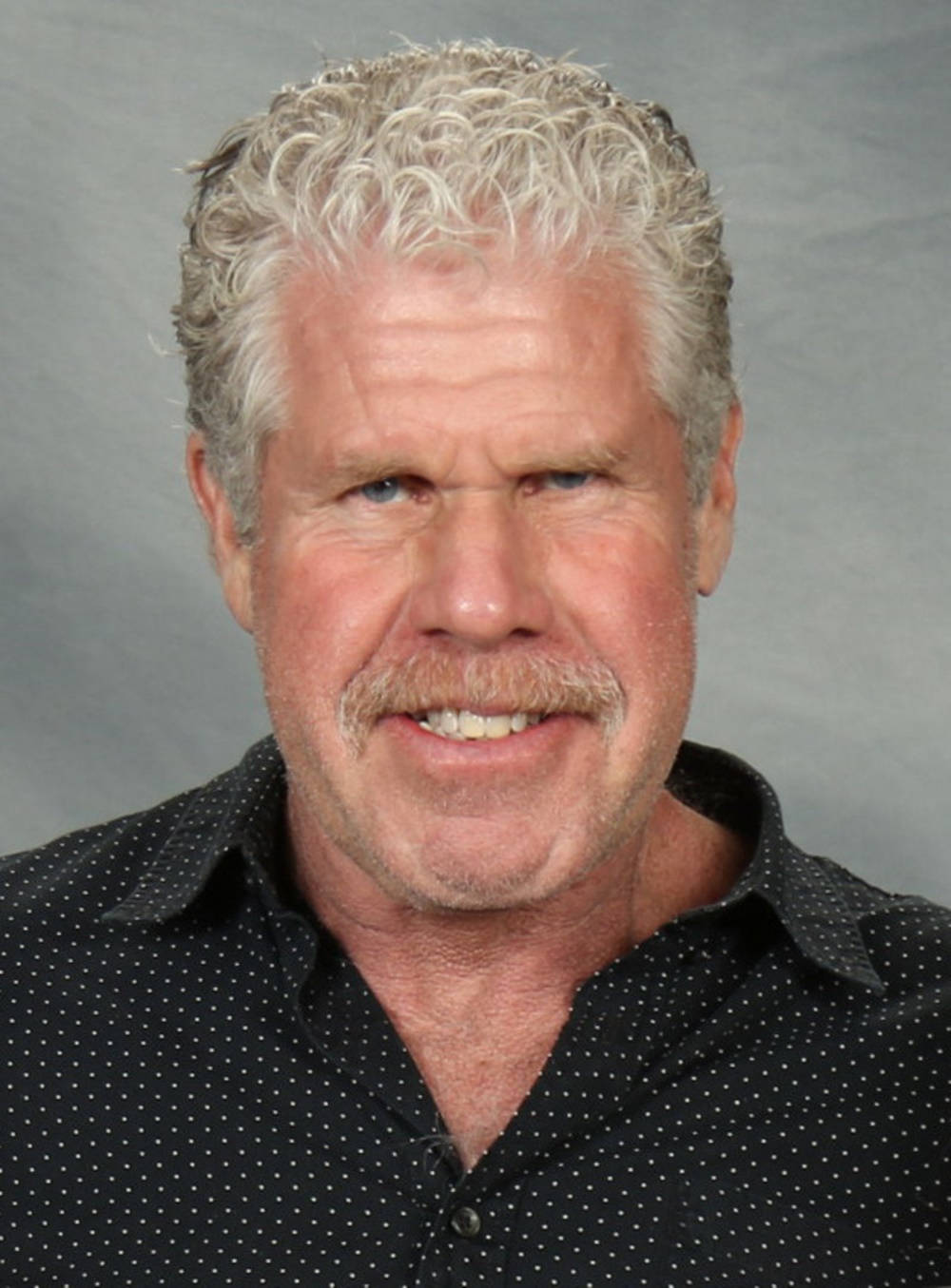 Celebrity 桌布 壁紙 — 一個微笑的中年男子特寫肖像，擁有灰色捲髮和鬍子，穿著黑色圓點襯衫，背景為灰色攝影棚。