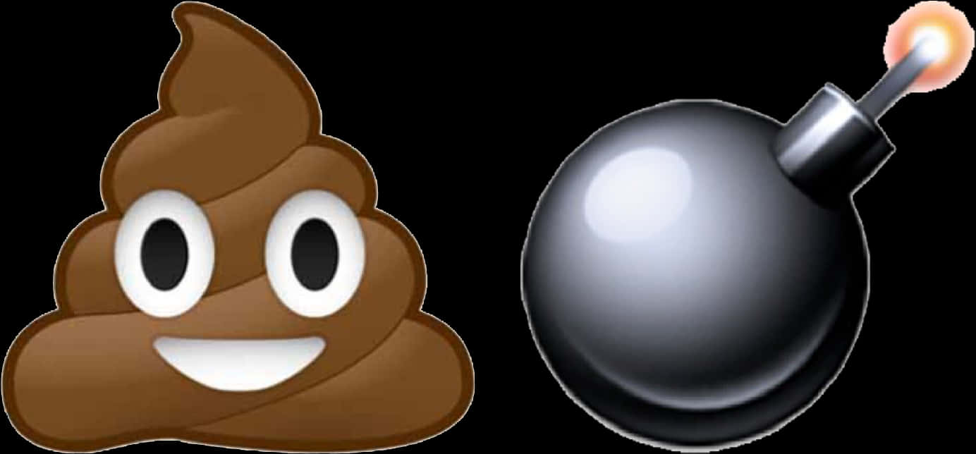 Clip Art 桌布 壁紙 — 一個微笑的便便表情符號和一個點燃的炸彈表情符號並排放在黑色背景上。