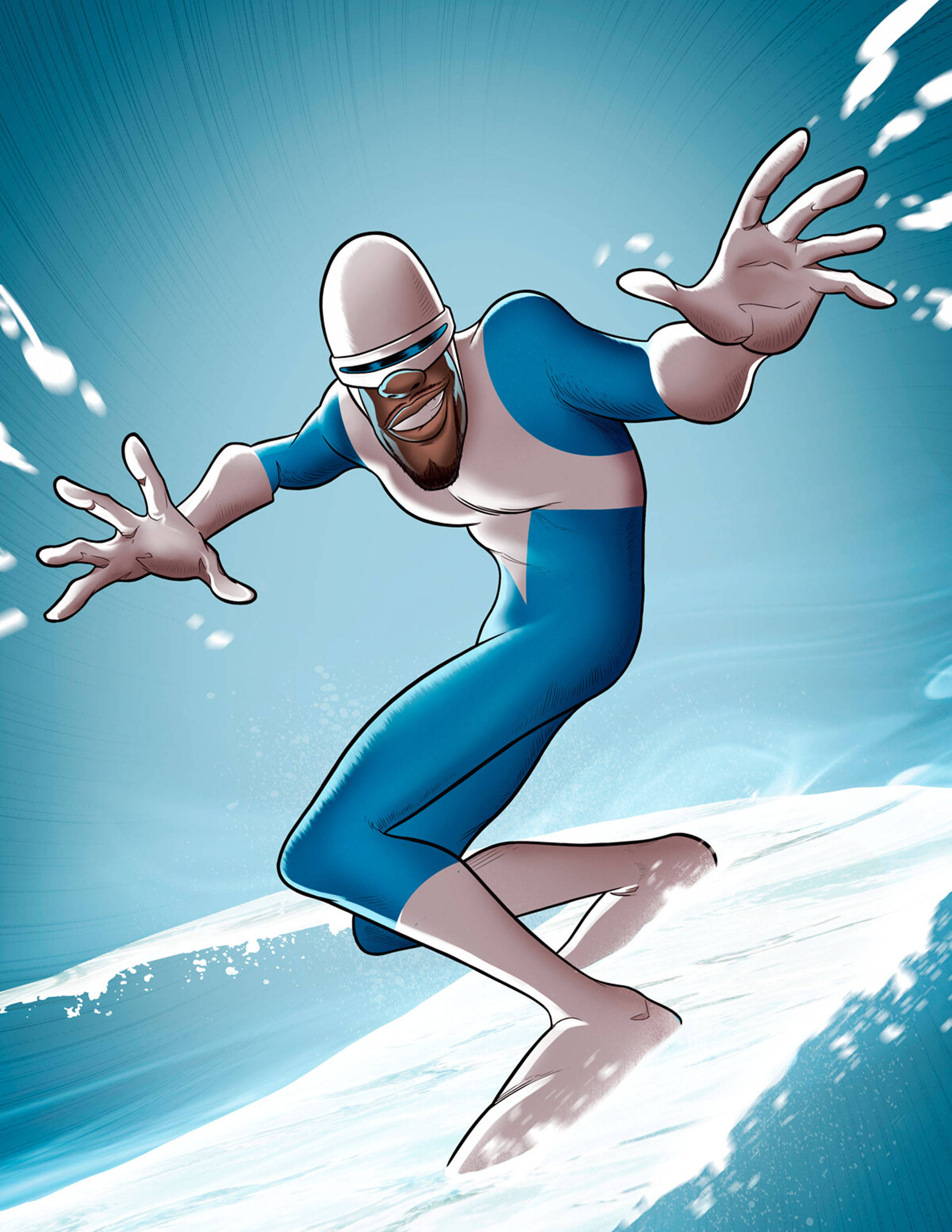 Frozone 桌布 壁紙 — 一個微笑的冰主題超級英雄在藍天下衝浪，帶有動態動作線條和飛濺的水花。