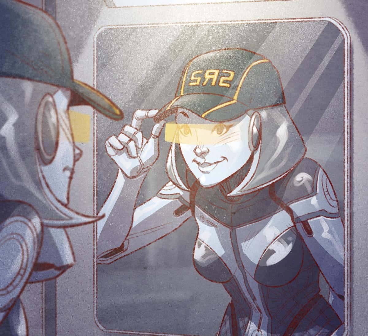 Mass Effect Edi 桌布 壁紙 — 一個微笑的動漫女孩，戴著未來風格的帽子和盔甲，一邊看著鏡中的倒影，一邊調整護目鏡。
