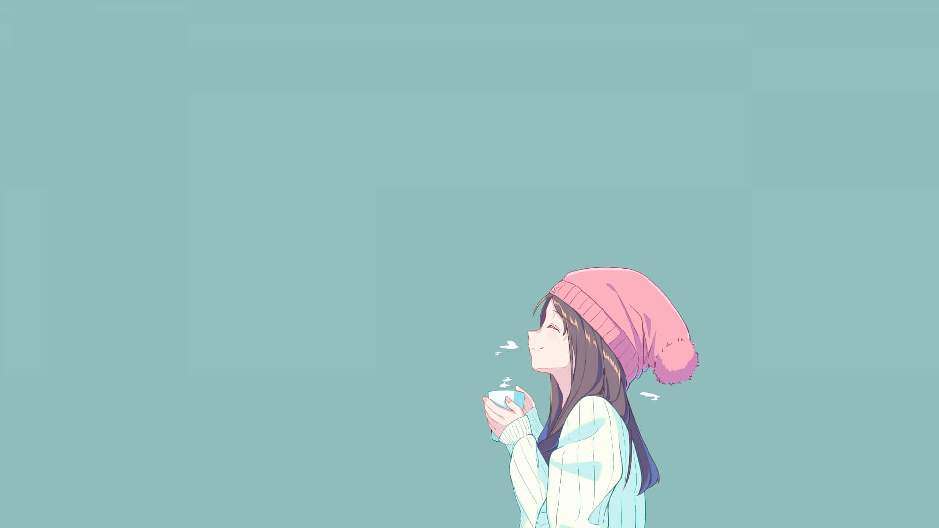 Animated 桌布 壁紙 — 一個微笑的動漫女孩，戴著粉紅色毛帽和輕薄毛衣，在柔和的青綠色背景前，拿著杯子吹出溫暖的氣息。