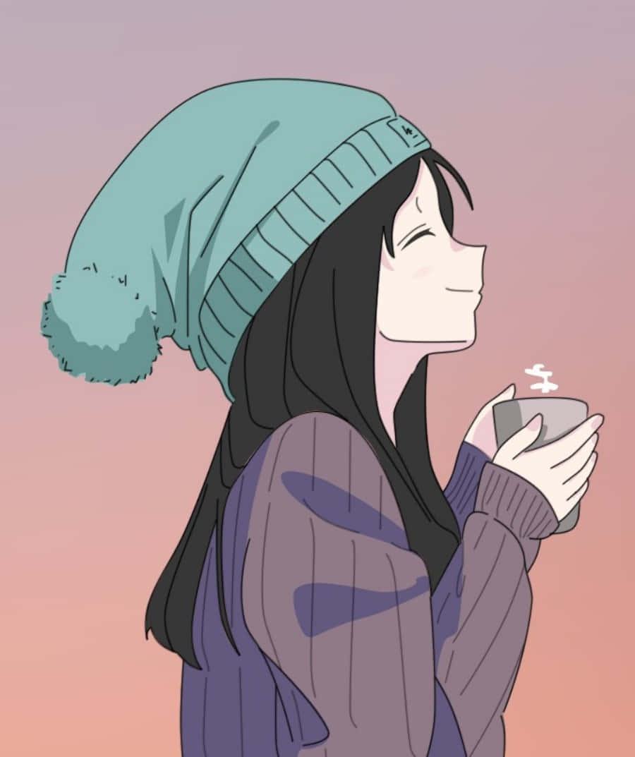 戴毛帽的動漫女孩，帶著滿足的表情拿著冒蒸汽的杯子。 — 咖啡動圖 壁紙