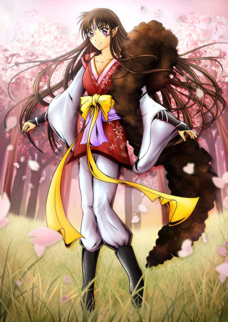 Inuyasha Rin 桌布 壁紙 — 一個微笑的動漫女孩，長長的棕色頭髮和狐狸般的尾巴，站在草地上，粉紅色的櫻花飄落。
