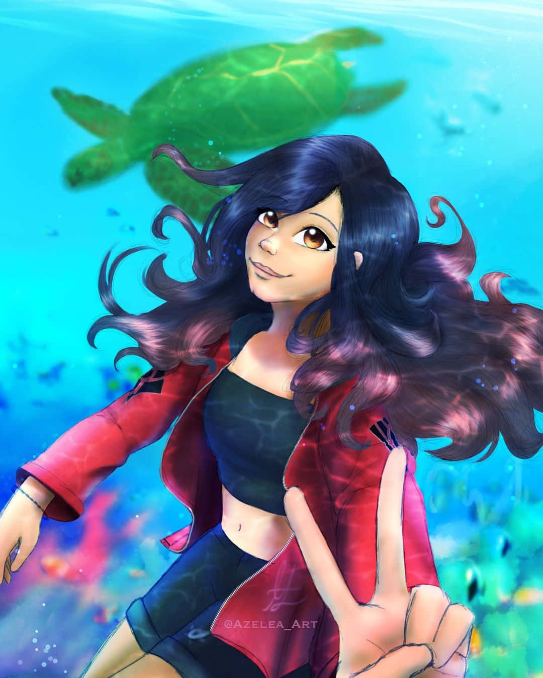 Aphmau 桌布 壁紙 — 一個微笑的動漫女孩，飄逸的深色頭髮，在水下與一隻綠色海龜旁邊做出和平手勢。