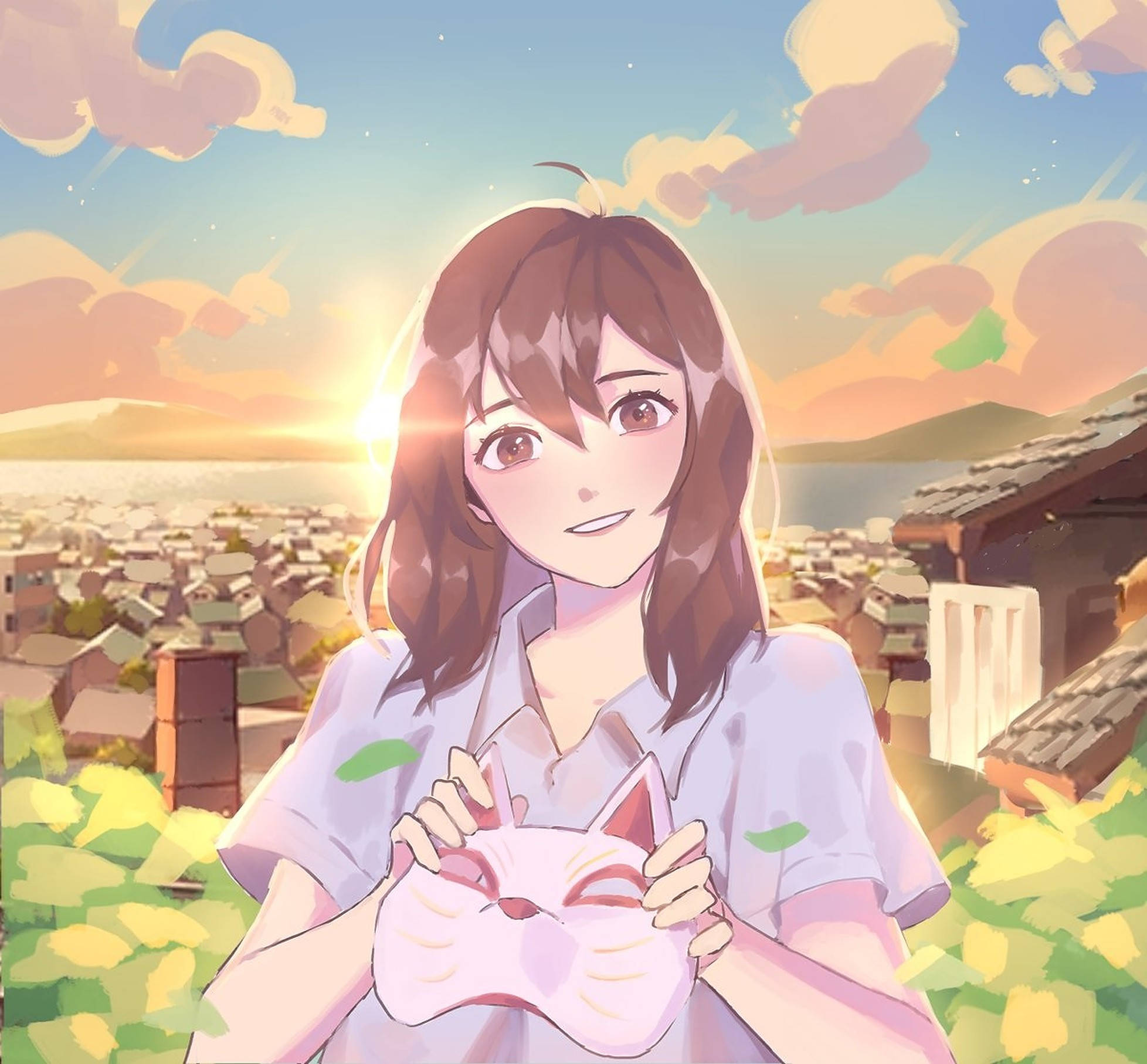 A 桌布 壁紙 — 一個微笑的動漫女孩在村莊上方的日落背景下拿著一個粉紅色的狐狸面具。