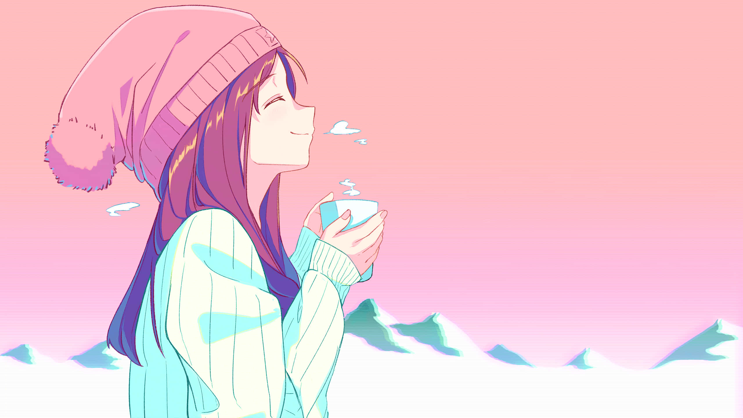 動漫女孩 桌布 壁紙 — 一個微笑的動漫女孩戴著粉紅色無簷便帽，在柔和的粉紅色雪山背景下啜飲熱飲。