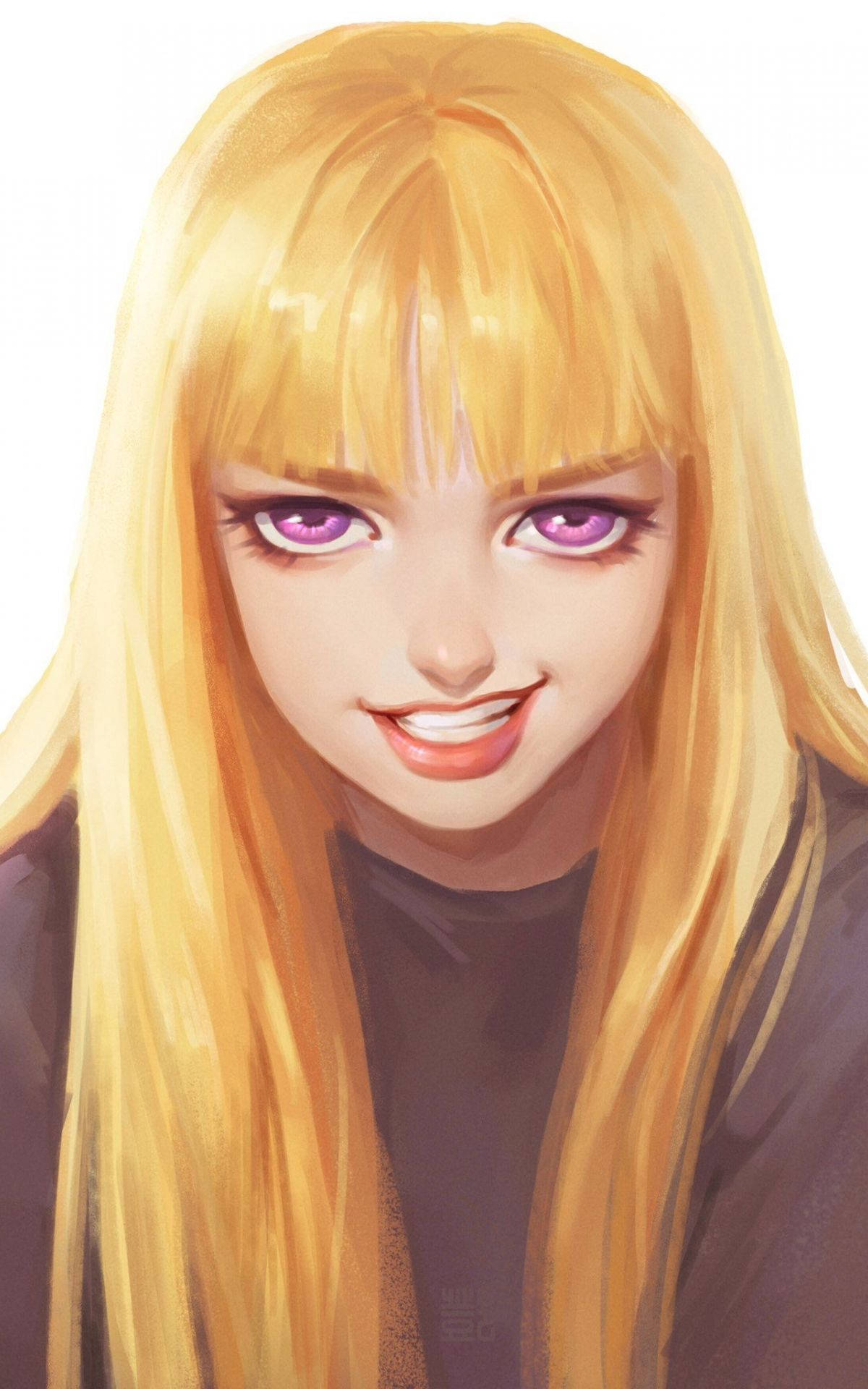 金色頭髮和紫色眼睛的動漫女孩溫暖地微笑。 — Blackpink 動畫 GIF 壁紙